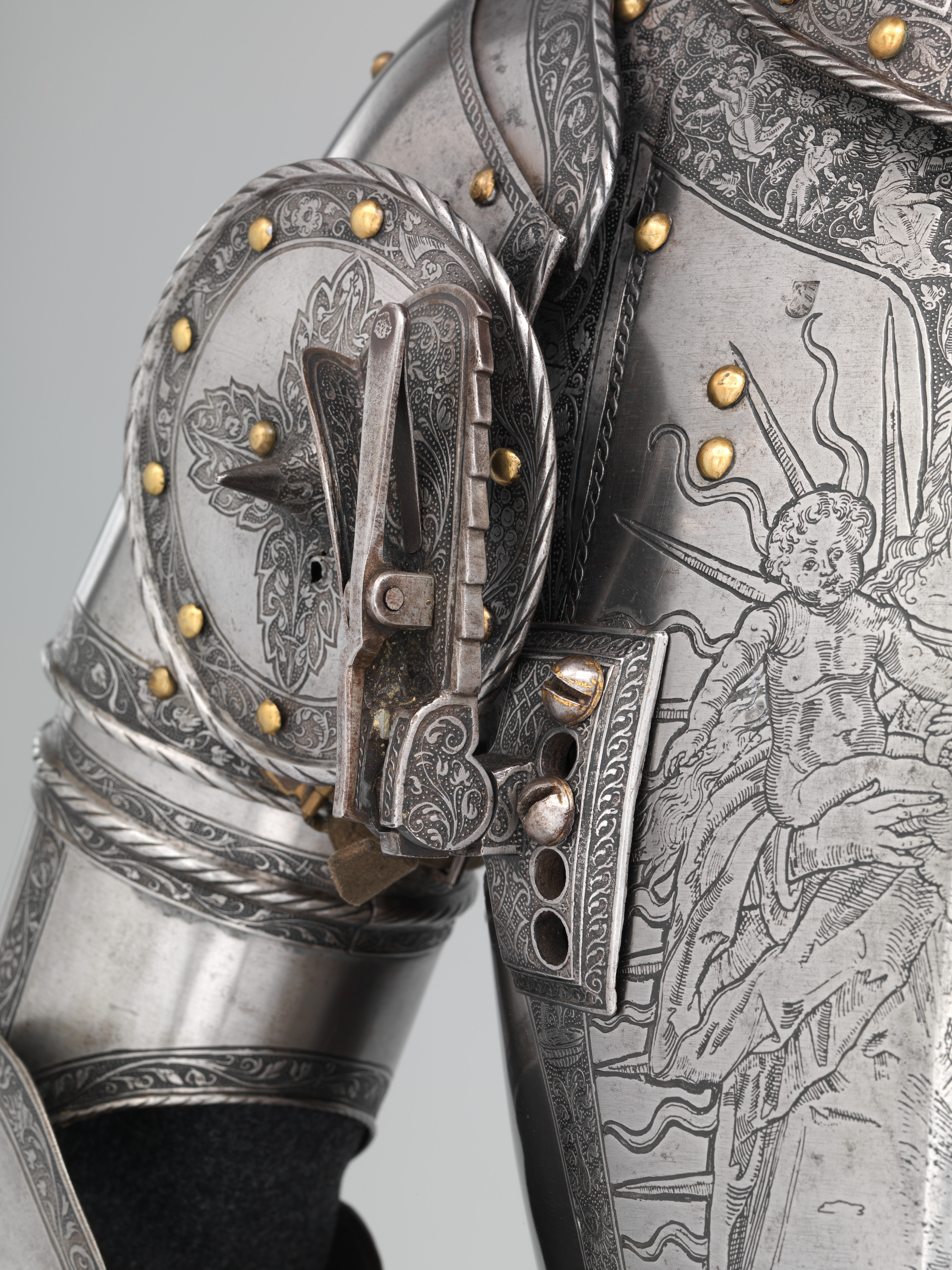 Detail of folding lance rest on breastplate