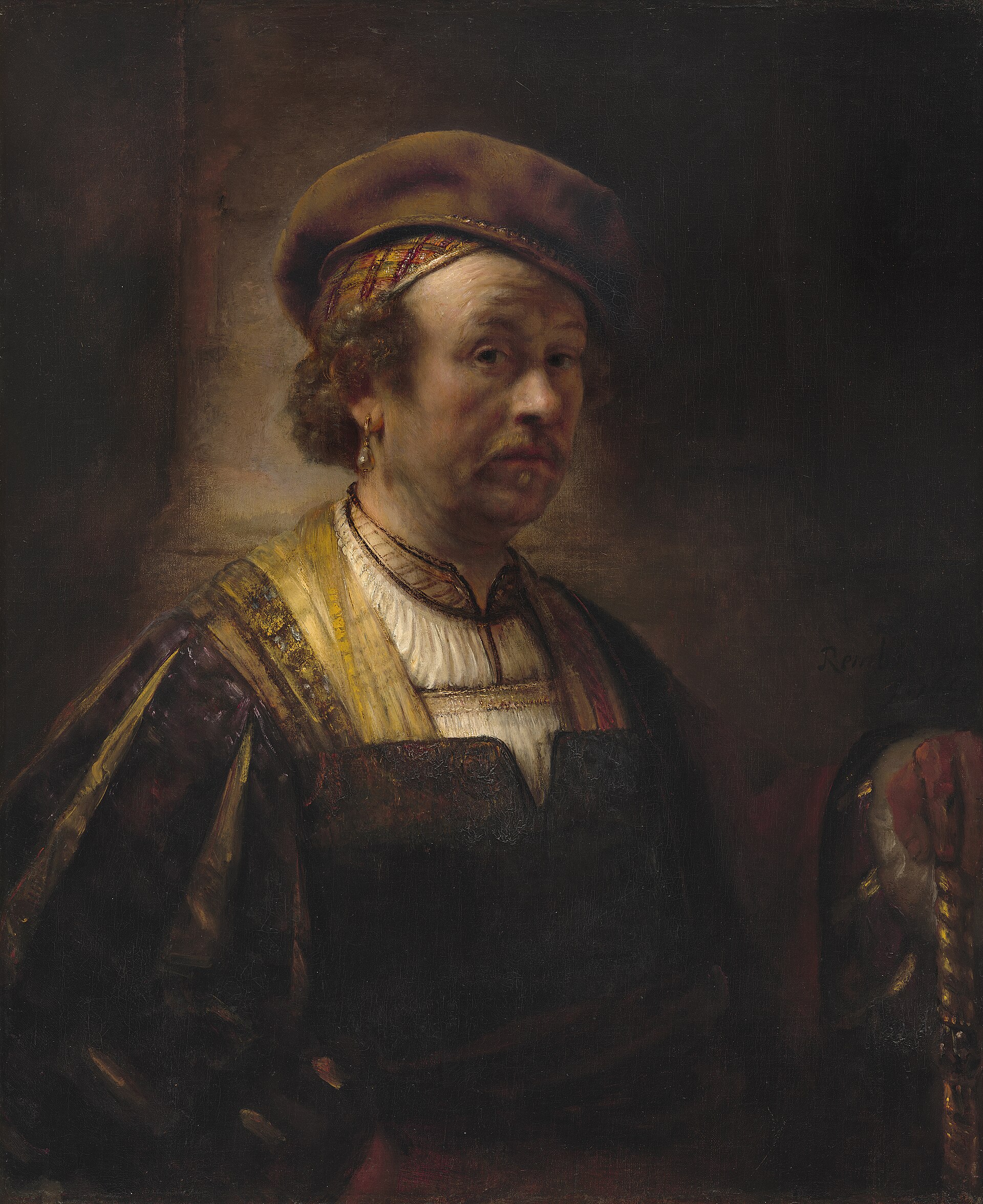 Portrait of Rembrandt, oil on canvas, 1650, 92 by 75.5 centimetres, National Gallery of Art, Washington, Widener Collection, accession 1942.9.70. Peter A. B. Widener bought it from Thos. Agnew and Sons in 1908 as a Rembrandt self-portrait, the Royal Academy had exhibited it as one in 1899, and the gallery hung it in its own Rembrandt tercentenary exhibition of 1969, the year Horst Gerson dismissed it as an eighteenth or nineteenth century imitation. Technical examination rejected Gerson's dating, since the pigments and the double ground, a red lower layer under dark grey, are those of Rembrandt's own workshop. The gallery catalogues it now as Rembrandt Workshop and heads its systematic catalogue entry Dutch 17th Century, because the signature and date appear not to be Rembrandt's and the assistant who painted it, probably for sale on the open market as an image of the master, cannot be named.