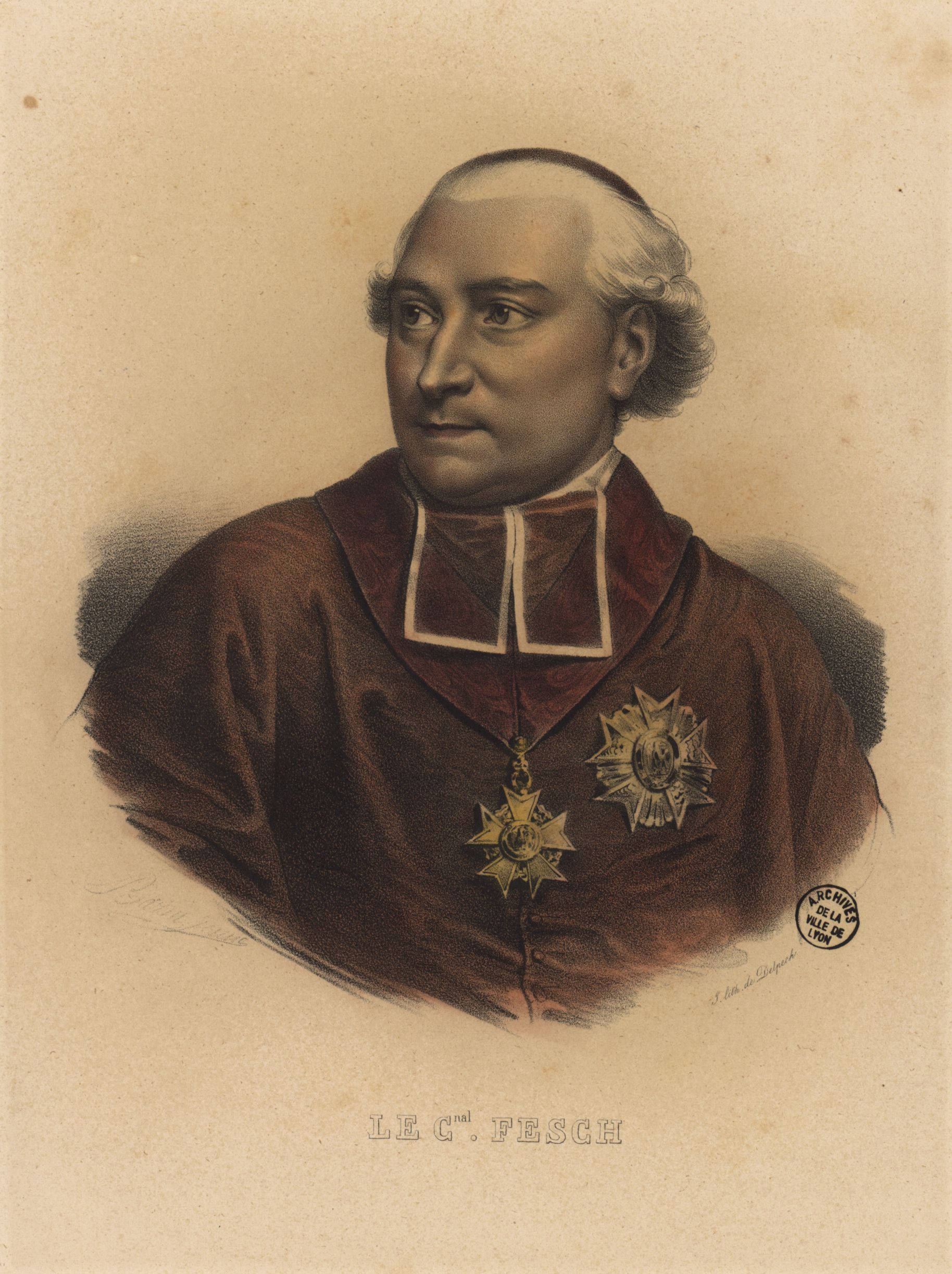 Cardinal Joseph Fesch (1763-1839), chromolithograph published by Delpech after a drawing by Charles-Louis Bazin, 1832, seven years before the cardinal's death and the dispersal of his 16,000 paintings.