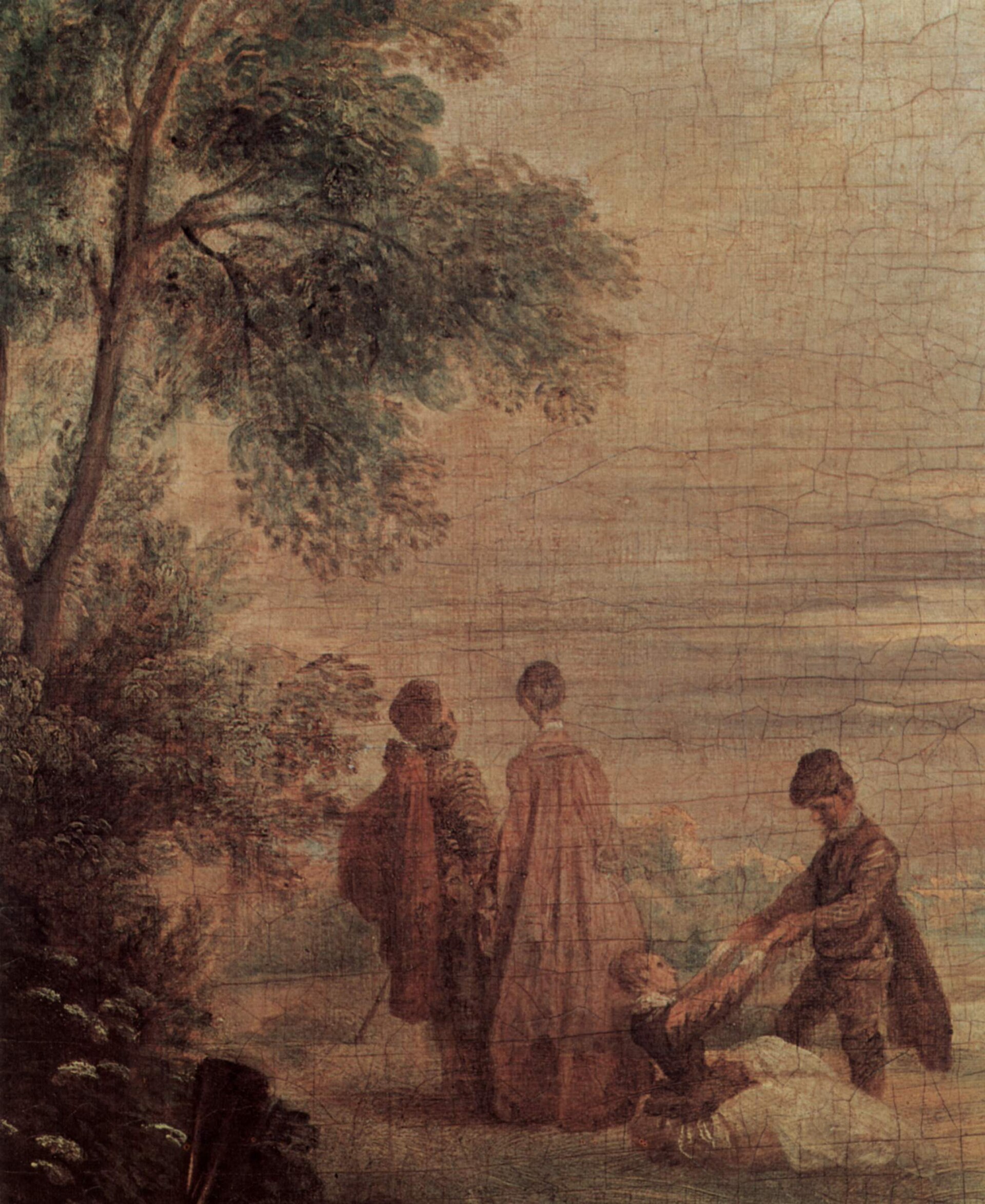 Detail of Antoine Watteau's The Halt during the Chase, about 1718 to 1720, oil on canvas, with the age-crack network running legibly across the pale sky.