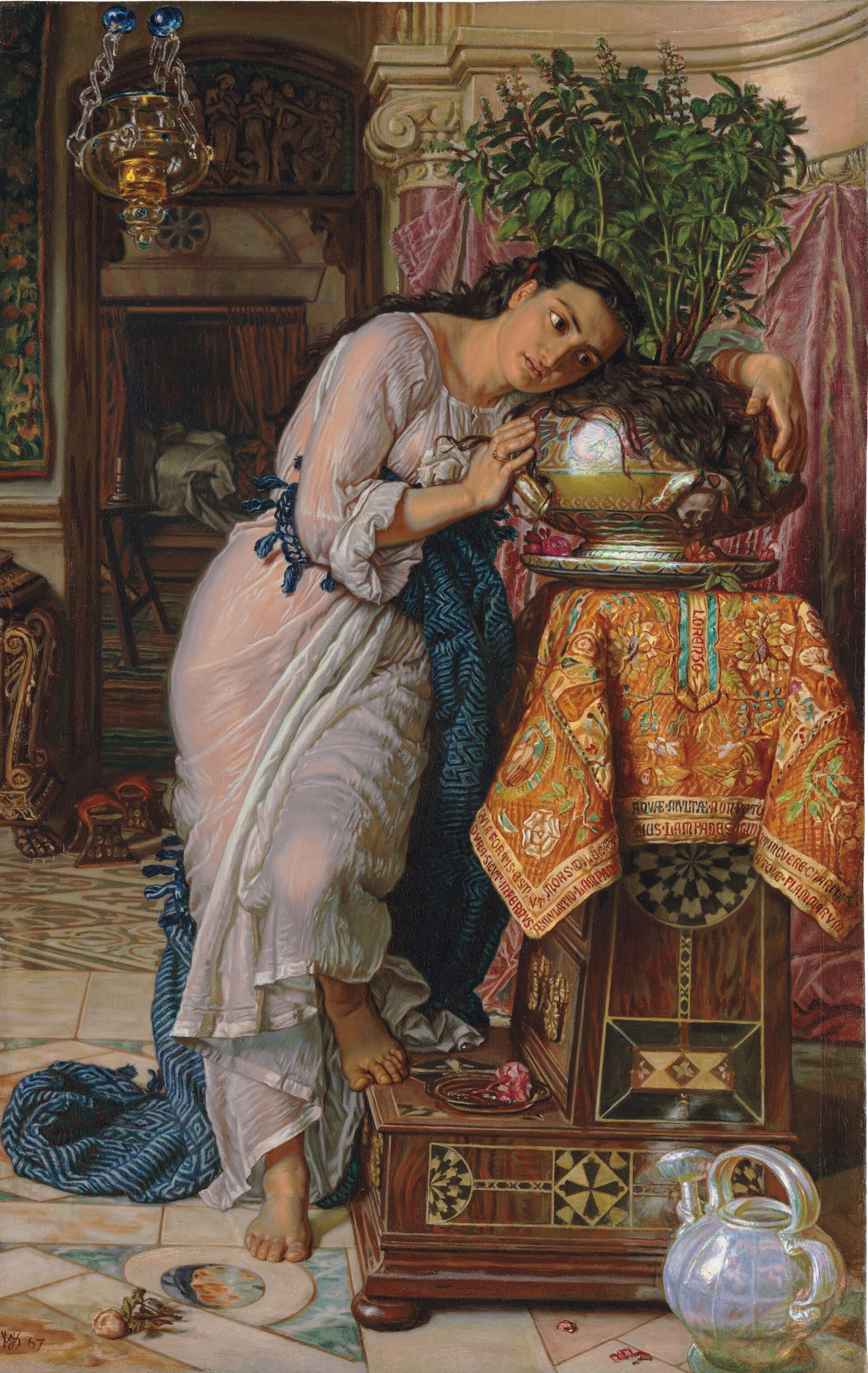 William Holman Hunt, Isabella and the Pot of Basil, signed and dated 1867. The Delaware Art Museum's version, sold at Christie's London on 17 June 2014 and now in the Fine Arts Museums of San Francisco. Christie's sale 1545, lot 6.