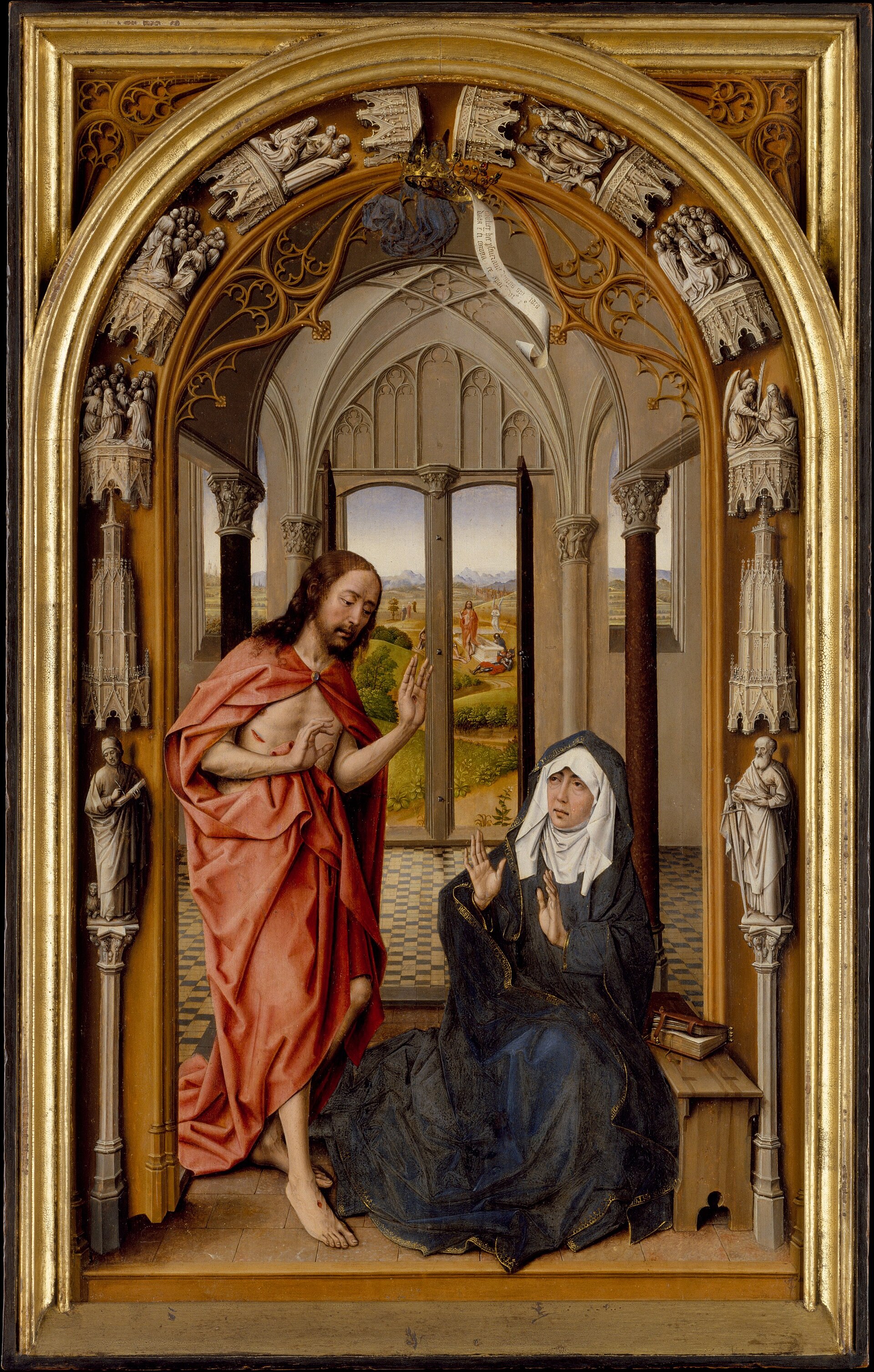 Christ Appearing to His Mother, oil on wood, the right wing of a triptych, bequeathed to the Metropolitan Museum by Michael Dreicer in 1921 and long held to be Rogier van der Weyden's original. The museum now catalogues it as Juan de Flandes, about 1496.