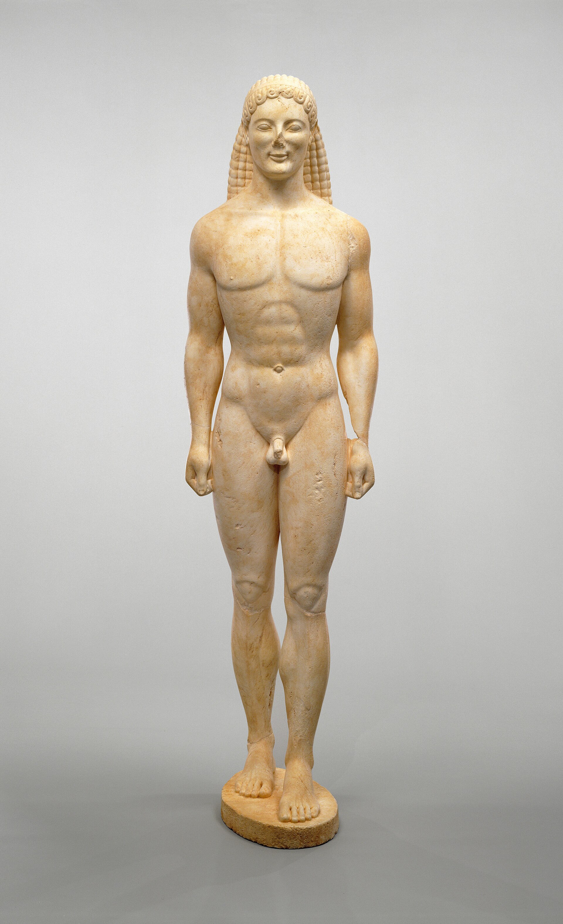 The Getty kouros, dolomitic marble, acquired in 1985 and eventually labelled by the museum 'Greek, about 530 B.C., or modern forgery'. It was taken off display in 2018.