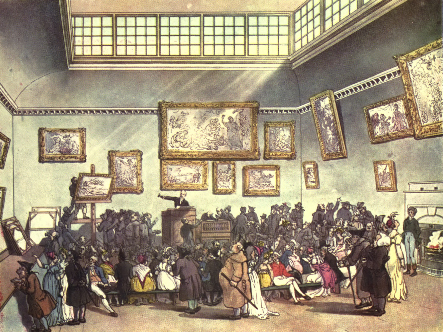 The auction room at Christie's, Pall Mall, with the auctioneer at the rostrum. Hand-coloured aquatint after Thomas Rowlandson and Augustus Charles Pugin, published in Ackermann's The Microcosm of London, volume I, plate 6, London, 1808.