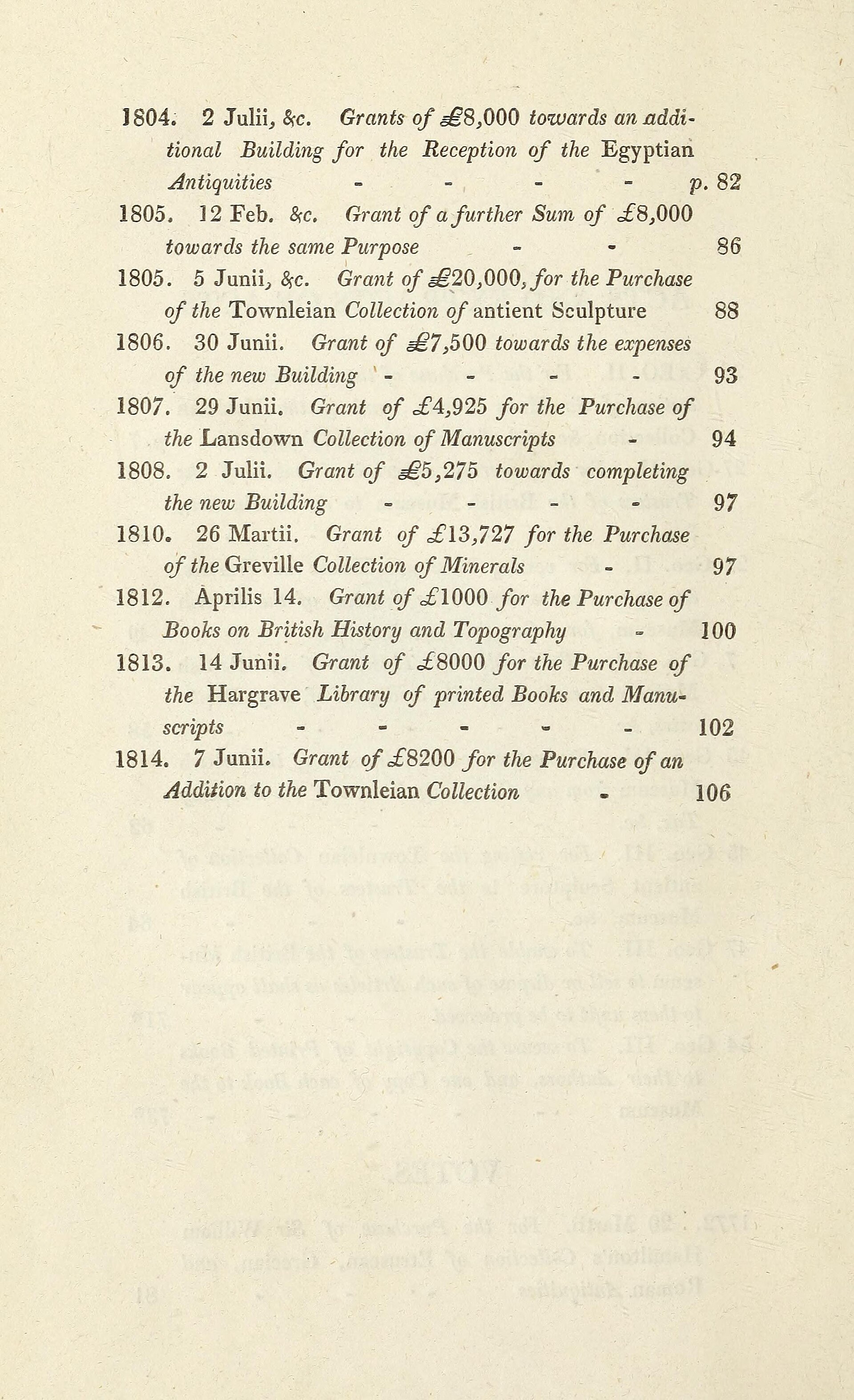 A contents page of Acts and Votes of Parliament relating to the British Museum, with the Statutes and Rules thereof, and the Succession of Trustees and Officers, printed in London by Cox and Baylis in 1814. It lists the votes of the House of Commons by date and by sum: 20,000 pounds on 5 June 1805 for the Townleian collection of antient sculpture, 4,925 pounds on 29 June 1807 for the Lansdown collection of manuscripts, 13,727 pounds on 26 March 1810 for the Greville collection of minerals, 8,000 pounds on 14 June 1813 for the Hargrave library, and 8,200 pounds on 7 June 1814 for an addition to the Townleian collection. The facing page of the same list opens with 26 Geo. II, the Act of 1753 for the purchase of Sir Hans Sloane's museum together with the Harleian collection and the Cottonian library. This is the acquisition record in its oldest published form: the body that voted, the day it voted, the collection bought and the sum paid, four facts to a line.