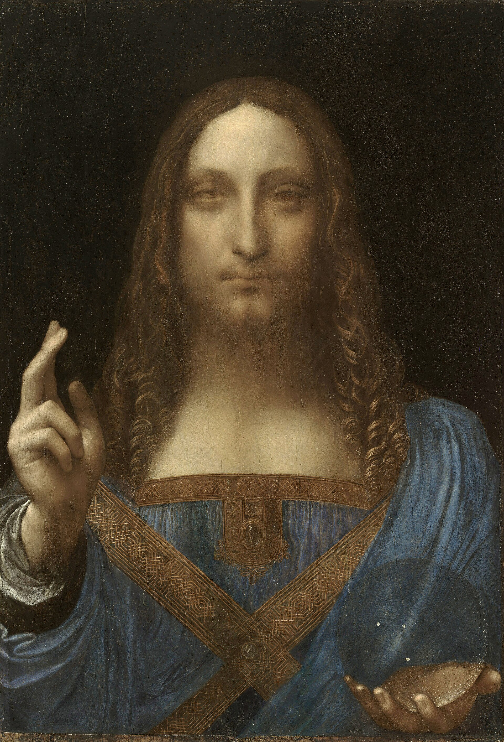 Salvator Mundi, oil on walnut, about 1500, reproduced after Dianne Dwyer Modestini's restoration. The National Gallery showed it in 2011 as Leonardo da Vinci without qualification and Christie's sold it in November 2017 for USD 450,312,500; Carmen Bambach, Matthew Landrus, Frank Zoellner and the Prado's 2021 catalogue all place it wholly or partly in the workshop.