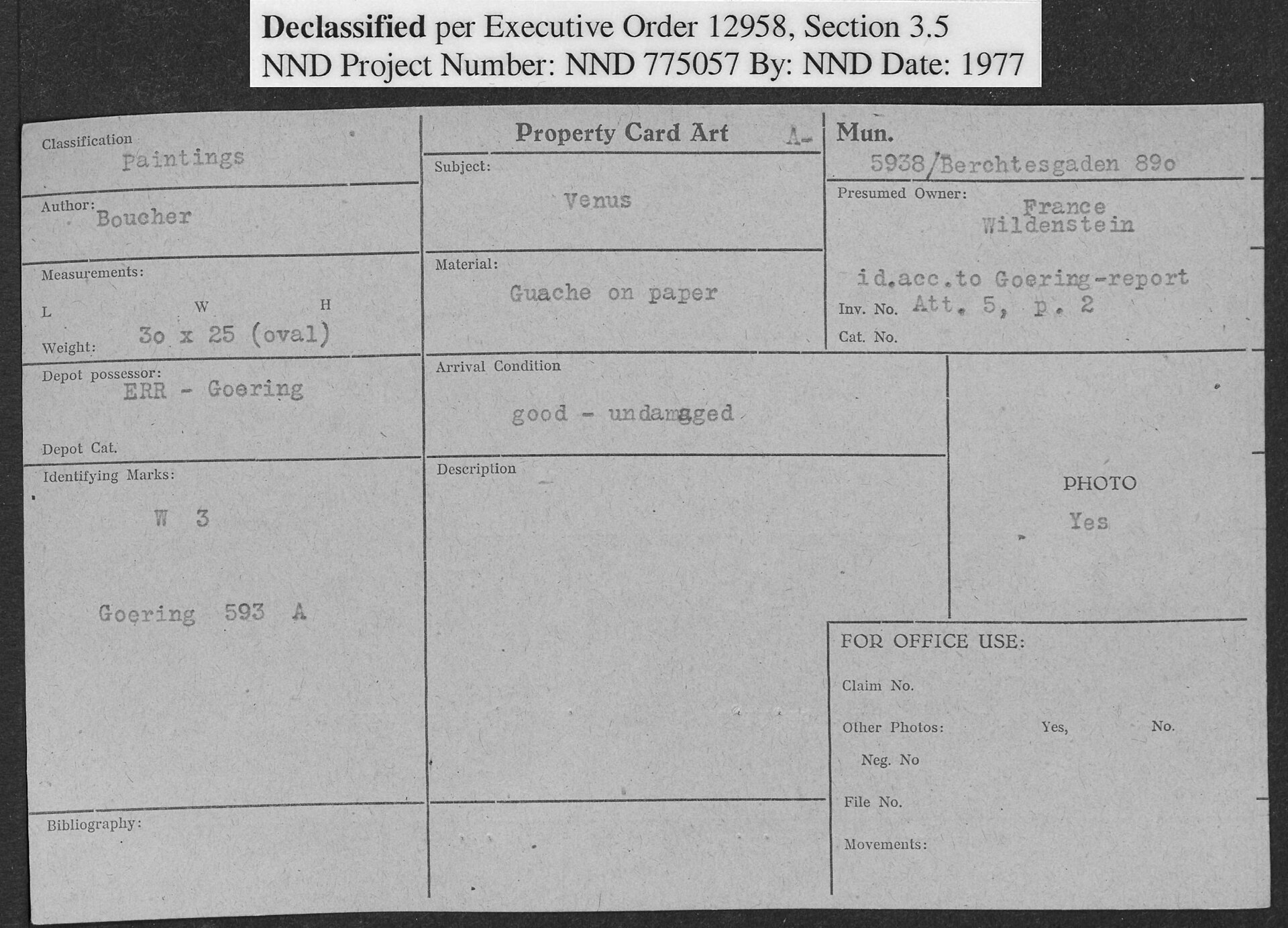 Property Card Art number 5938 / Berchtesgaden 890, typed at the Munich Central Collecting Point by the Monuments, Fine Arts and Archives Section of the American military government in Germany after 1945. It records a gouache on paper of Venus, given on the card to Boucher, 30 by 25 centimetres and oval, held in the depot as ERR-Goering material, marked W 3 and Goering 593 A, arrival condition good and undamaged. The ownership field is not headed Owner but Presumed Owner, and it reads Wildenstein, France, followed immediately by the note that the identification is according to the Goering report, attachment 5, page 2.