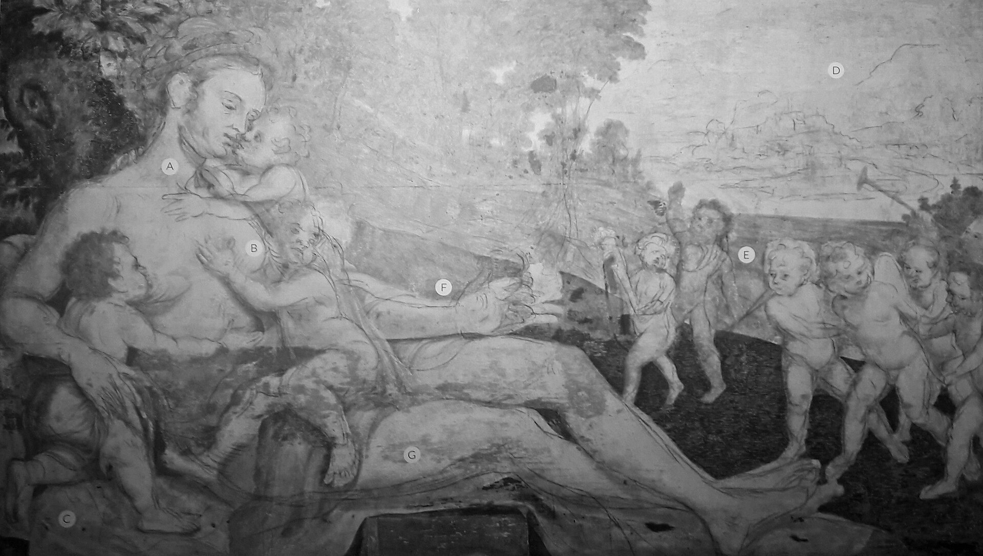 Infrared reflectogram of Allegory of Caritas, dated 1561, by the Monogrammist HP. The museum's lettered marks pick out places where the carbon underdrawing departs from the finished paint: at A the putto's arm was first drawn embracing the woman's torso, where in the painting it touches her cheek.