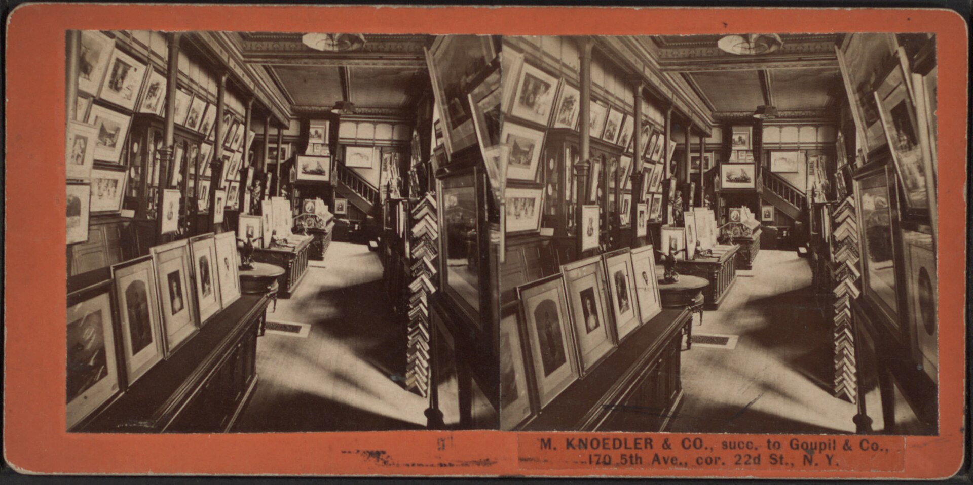The galleries of M. Knoedler & Co. at 170 Fifth Avenue, New York, in a stereoscopic albumen view of about 1860 to 1880; the card is printed 'M. Knoedler & Co., succ. to Goupil & Co.'