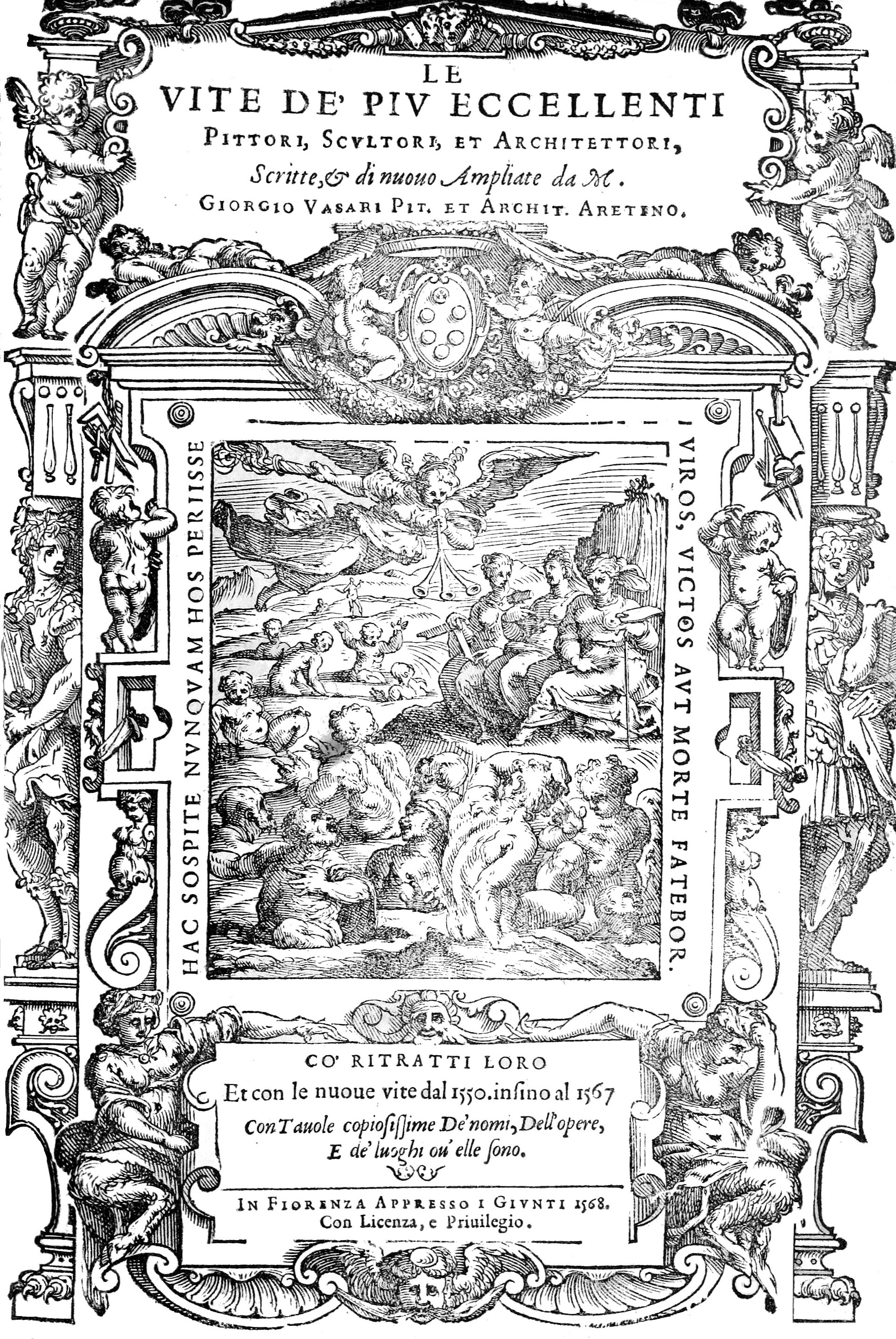 Title page of the second edition of Giorgio Vasari's Le vite de' piu eccellenti pittori, scultori, et architettori, Florence, Giunti, 1568, announcing itself as rewritten and enlarged, with portraits and the new lives from 1550 to 1567.