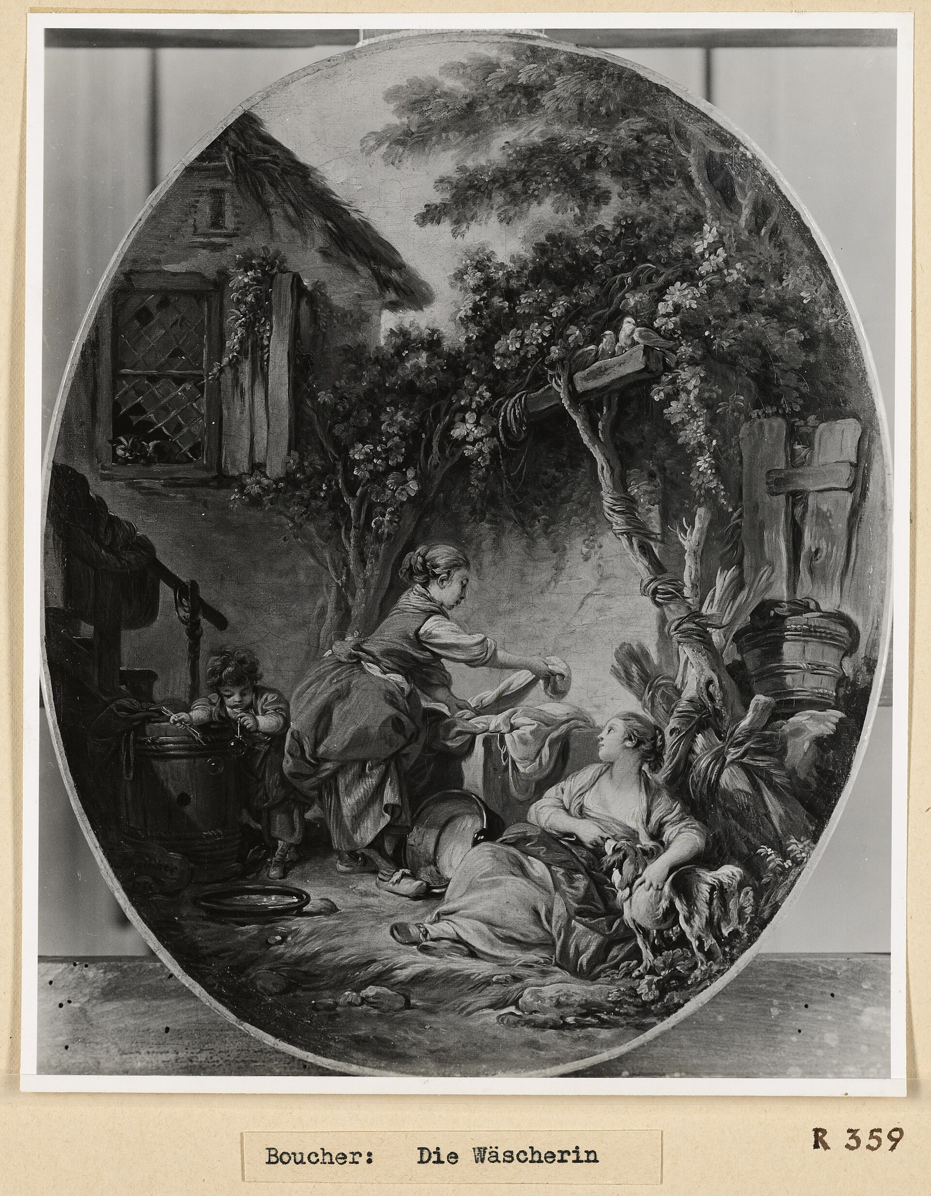 A page from Einsatzstab Reichsleiter Rosenberg Photograph Album Number Eight: a mounted photograph of Francois Boucher's Die Waescherin, oil on canvas, high oval, 54.5 by 43.8 cm, signed and dated 1766, carrying the ERR's typed title slip and its inventory number R 359. The ERR registration card for R 359 gives the owner as Maurice de Rothschild of Paris and follows the picture from a crate at the Jeu de Paume in 1941 to the depots recorded as Lager Peter and Kogl, then to the Munich Central Collecting Point as number 1011/4. It was repatriated to France on 18 April 1946 and restituted on 17 May 1946. The twelve years that would otherwise stand empty in this picture's provenance are covered, and the record that covers them was written by the agency that did the taking.