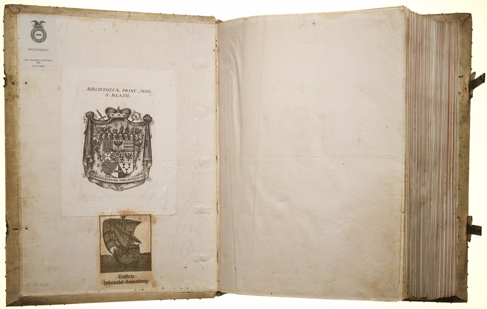 The front pastedown of the first volume of the Library of Congress Gutenberg Bible, Mainz, 1454 to 1455, inside the white pigskin binding of about 1560. Three owners are on one leaf: the engraved bookplate of the Library of the Prince-Monks of Saint Blasien in the Black Forest, with the motto Religione et Patria Nihil Antiquius, the ship bookplate of the Vollbehr Inkunabel-Sammlung, and the Library of Congress label of 1930 for the Vollbehr Collection with its accession number. The pigskin turn-ins of the sixteenth-century binder are visible at the edges.