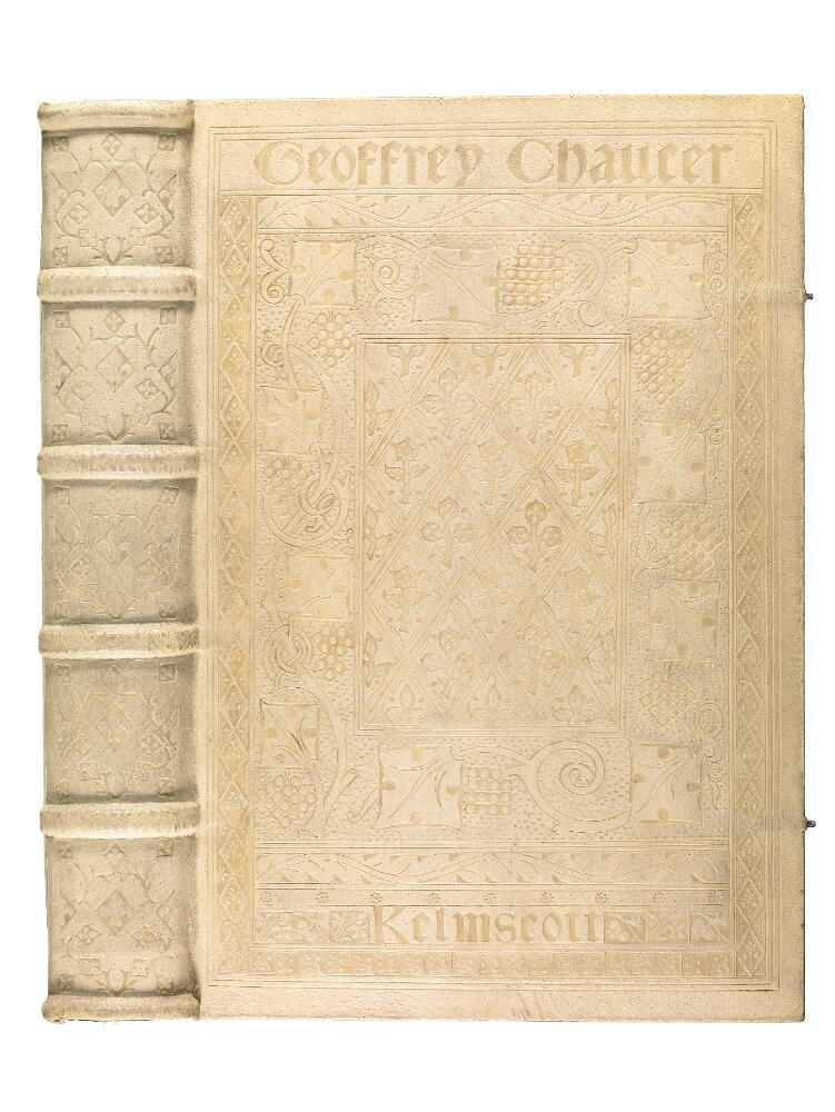 Spine and front board of the Bodleian Library's Kelmscott Chaucer, Broxb. 67.7, printed at the Kelmscott Press in 1896 and bound by the Doves Bindery, London, in 1899 in white pigskin, blind-tooled on the front board with a central diaper panel inside a border of vines, with the words Geoffrey Chaucer across the head and Kelmscott across the foot. This is the binding Morris designed with Cobden-Sanderson and sold as an extra of 13 pounds 13 shillings on top of the 20-pound paper copy, and roughly 48 copies were bound this way.