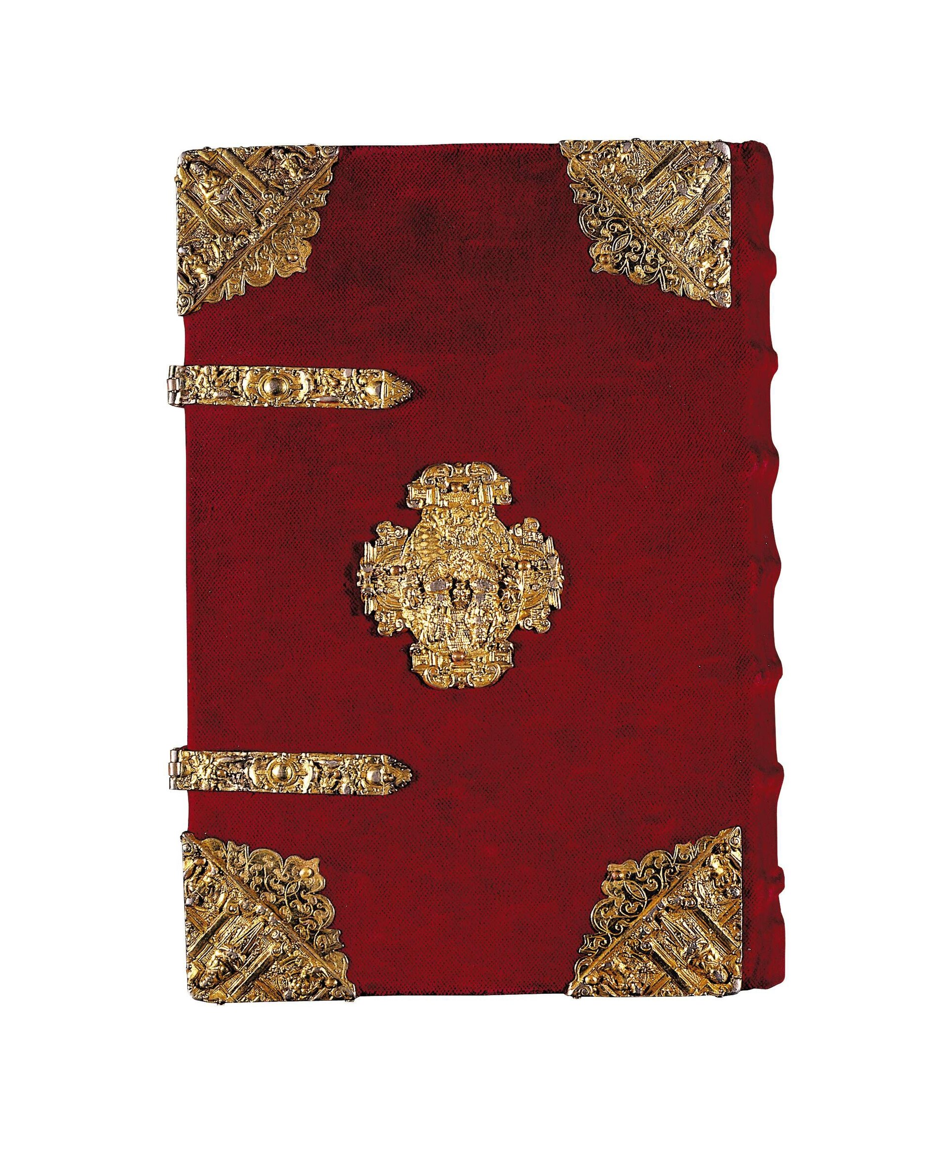 The upper cover of the Rothschild Prayerbook, a Book of Hours illuminated at Ghent or Bruges about 1505, photographed for its sale at Christie's, New York, on 29 January 2014. The red velvet has been renewed. The silver-gilt cornerpieces, clasps and central mount are mid-sixteenth-century work attributed to the circle of Wenzel Jamnitzer of Nuremberg, and the centrepiece carries the Wittelsbach arms. Everything on this side of the book belongs to an owner at least a generation later than the illuminators, and Christie's leaves open whether the mounts were fitted in the sixteenth century or the nineteenth.