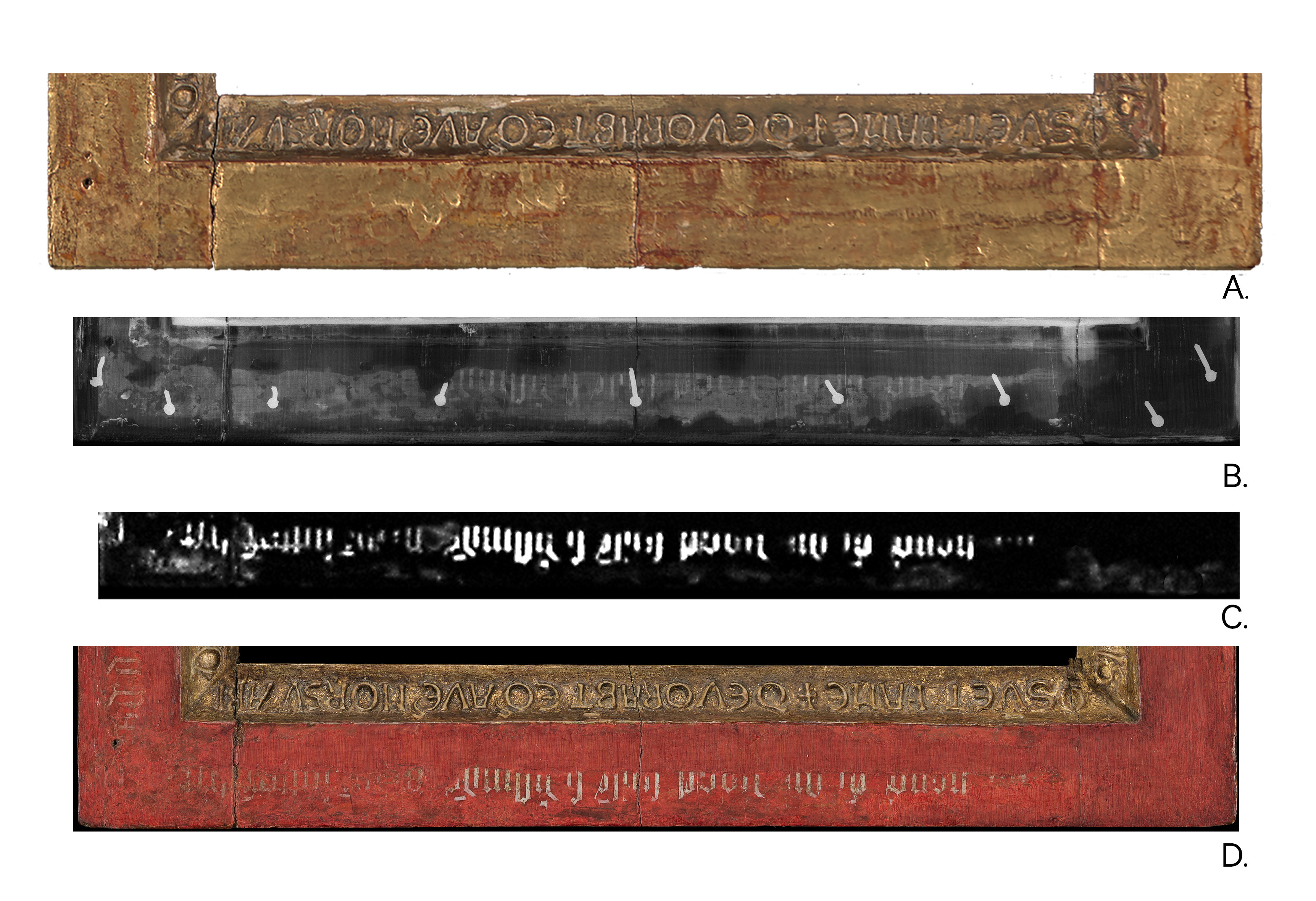 The bottom member of one of the original integral frames of Jan van Eyck's Crucifixion and Last Judgment, Metropolitan Museum of Art 33.92ab, in four states published by the museum: under its modern brass leaf; in x-radiograph, showing the nails of later hardware; in infrared, where the painted inscription reads through the gilding; and after the 2015 to 2016 treatment, with the red ground and the white and black Middle Dutch text exposed below the gilded Latin pastiglia. Cut from the same oak plank as the painting, so its felling date of about 1410 to 1440 is the painting's.