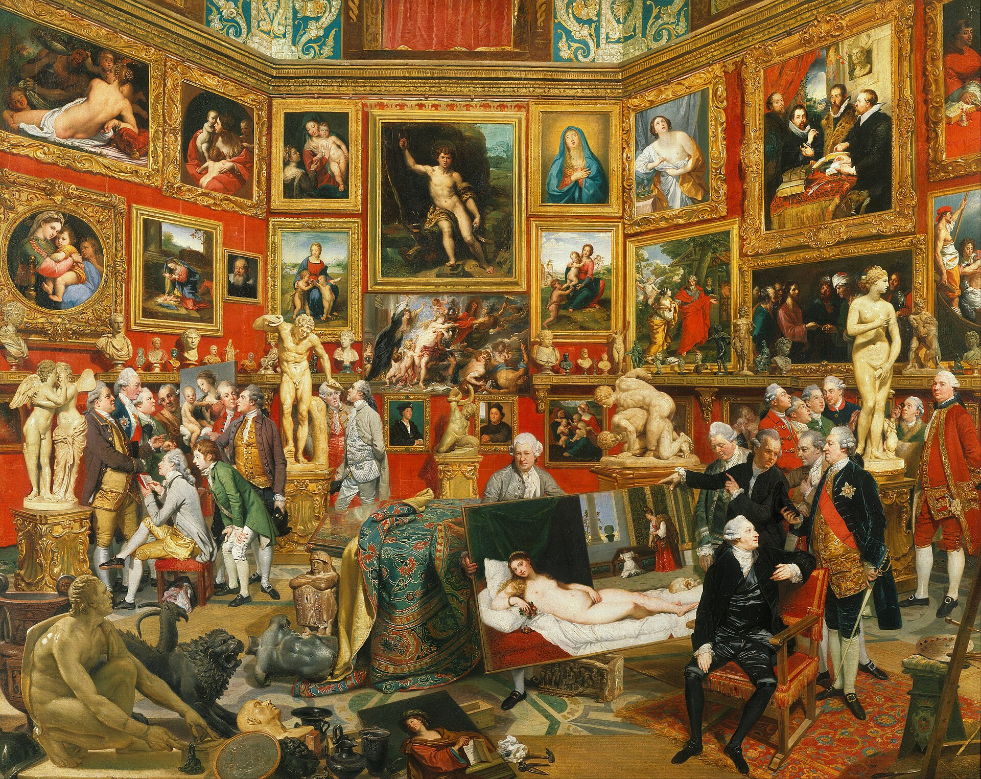 Johan Zoffany, The Tribuna of the Uffizi, 1772-77. British visitors and dealers in the Medici tribuna, examining Titian's Venus of Urbino, which has been taken off the wall and propped on the floor for them.
