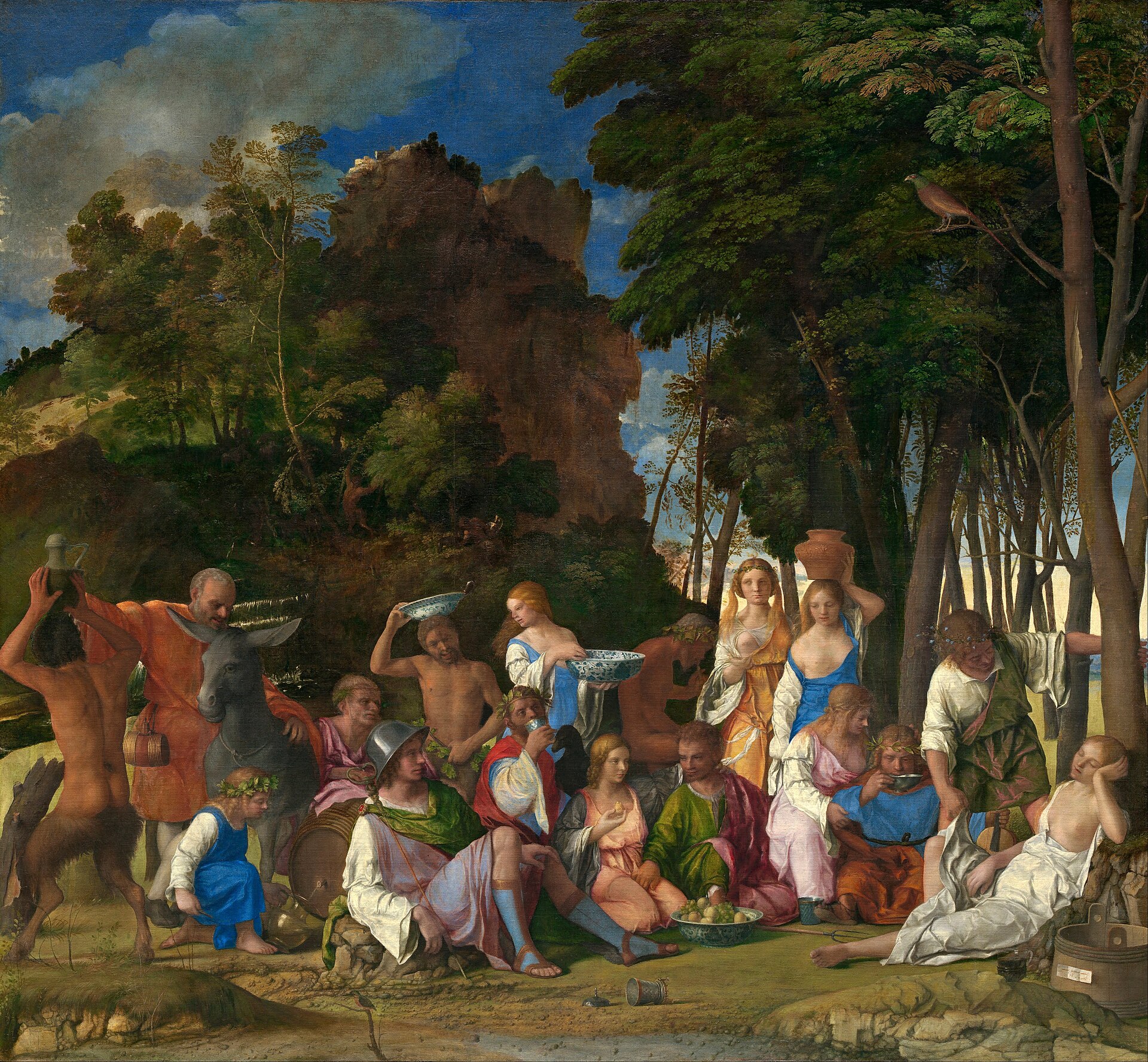 Giovanni Bellini and Titian, The Feast of the Gods, 1514/1529, oil on canvas. X-radiography of this painting showed that the background behind the foreground figures originally consisted of single tree trunks, that Bellini had altered the foreground, and that the left part of the background was overpainted after his death by Titian.