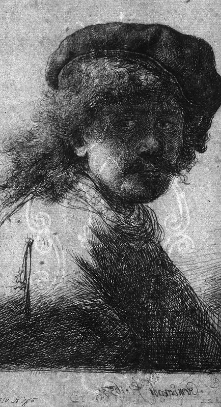 Rembrandt's etched Self-portrait in a cap and scarf, 1633, with the sheet's watermark, a Basel crosier, recorded so that it reads through the printed image. National Museum in Warsaw, Gr.Ob.Nid.3851.