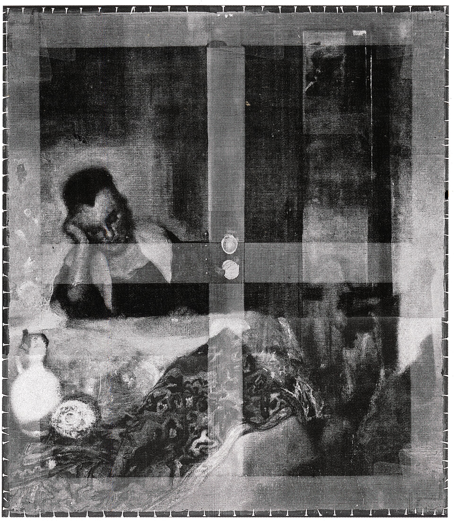 X-radiograph of Johannes Vermeer's A Maid Asleep, oil on canvas, about 1656 to 1657, 87.6 by 76.5 cm, Metropolitan Museum of Art, New York, 14.40.611, bequest of Benjamin Altman, 1913. The plate reads the object before it reads the picture: the canvas weave prints across the entire surface where the lead-bearing priming has settled into it, the tack heads run round all four edges, and the lead white in the jug, the fruit and the tablecloth burns through while the dark rear wall and the sleeping woman's dress stay close to transparent. It also carries what Vermeer removed, a standing man in a broad hat in the room beyond and a dog in the doorway, painted out as the composition was settled. That is a design being invented on this support rather than copied onto it, which is the evidential distinction the article rests on and which it then limits: changes of mind bear on how a picture was made, not on whose hand made it.