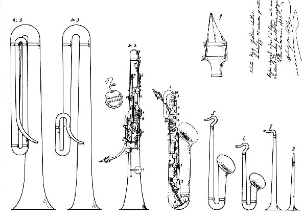 Drawing from Sax's 1846 saxophone patent