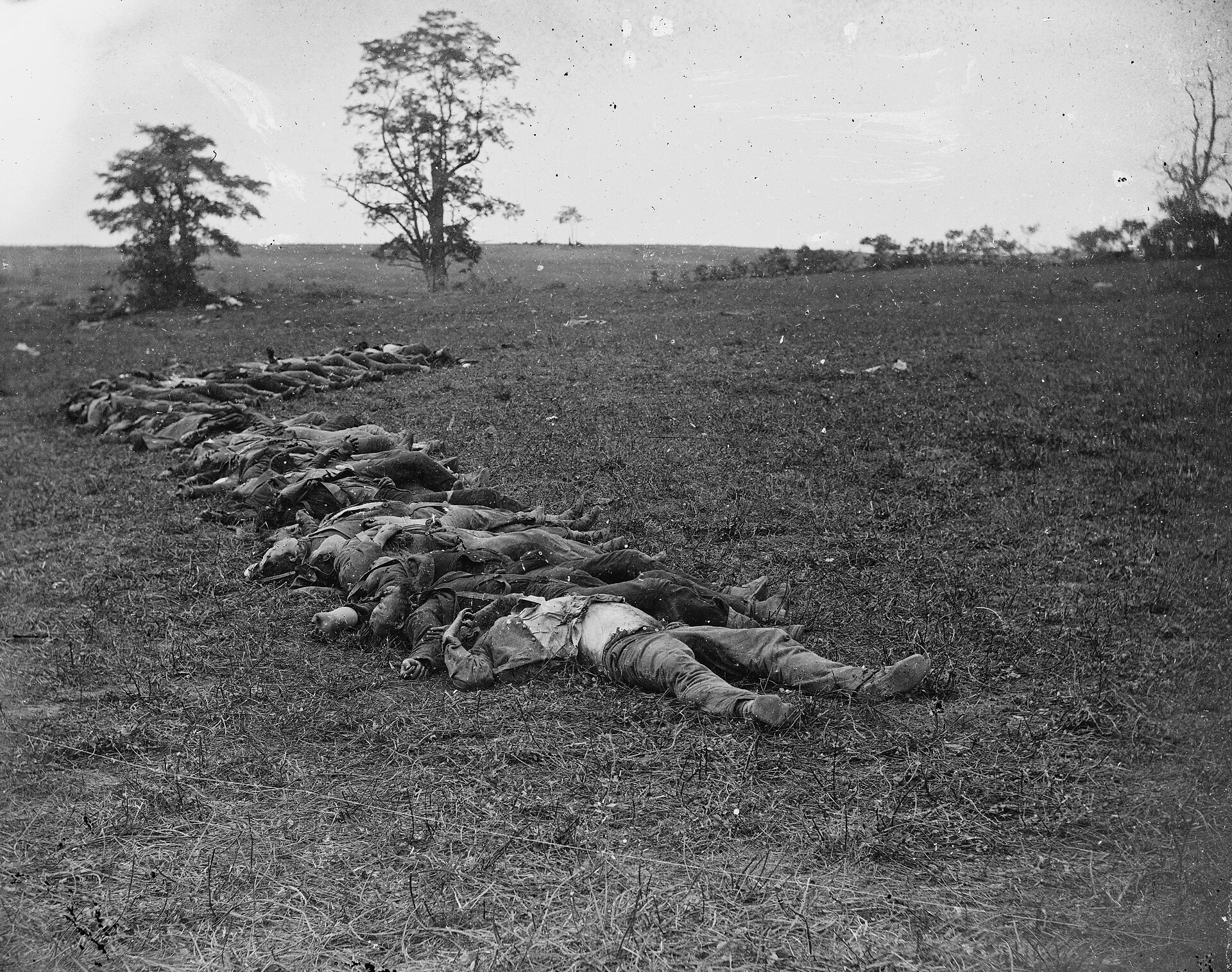Bodies of Confederate dead gathered for burial after the Battle of Antietam