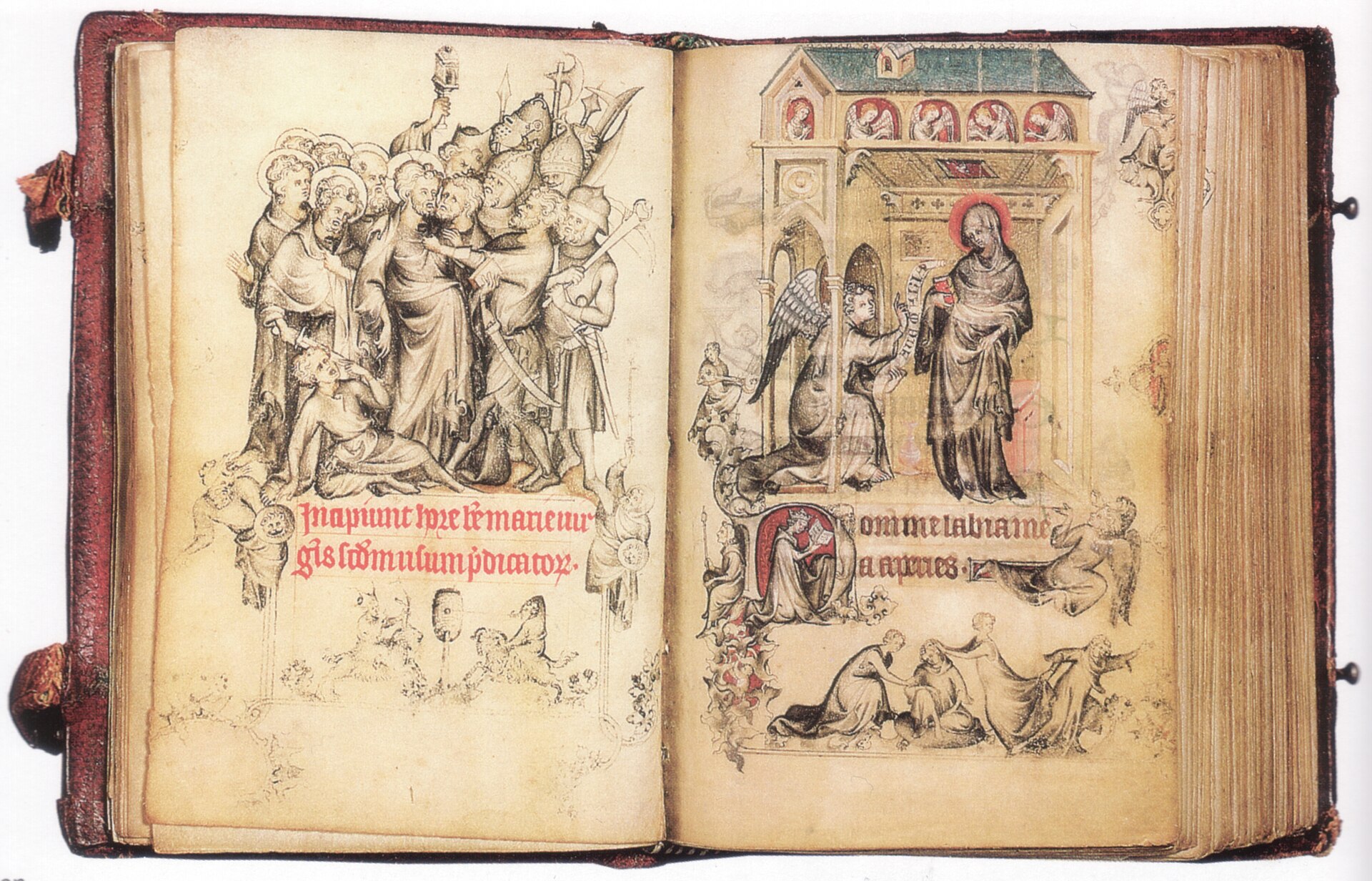 Folios 15 verso and 16 recto: the Betrayal facing the Annunciation