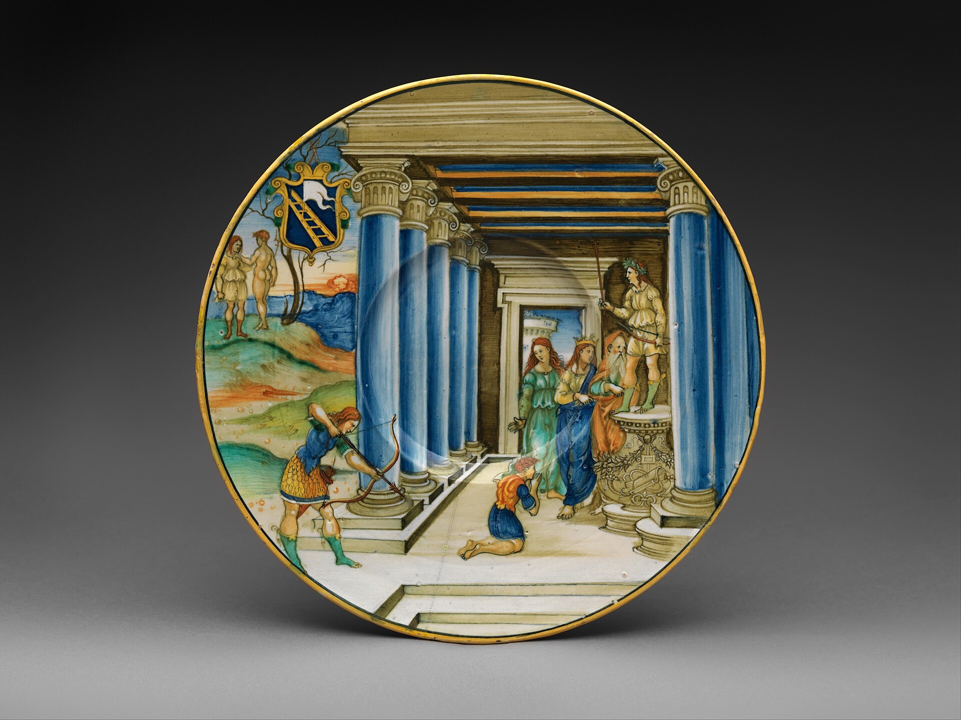 Plate with Paris Killing Achilles, arms of the Calini family