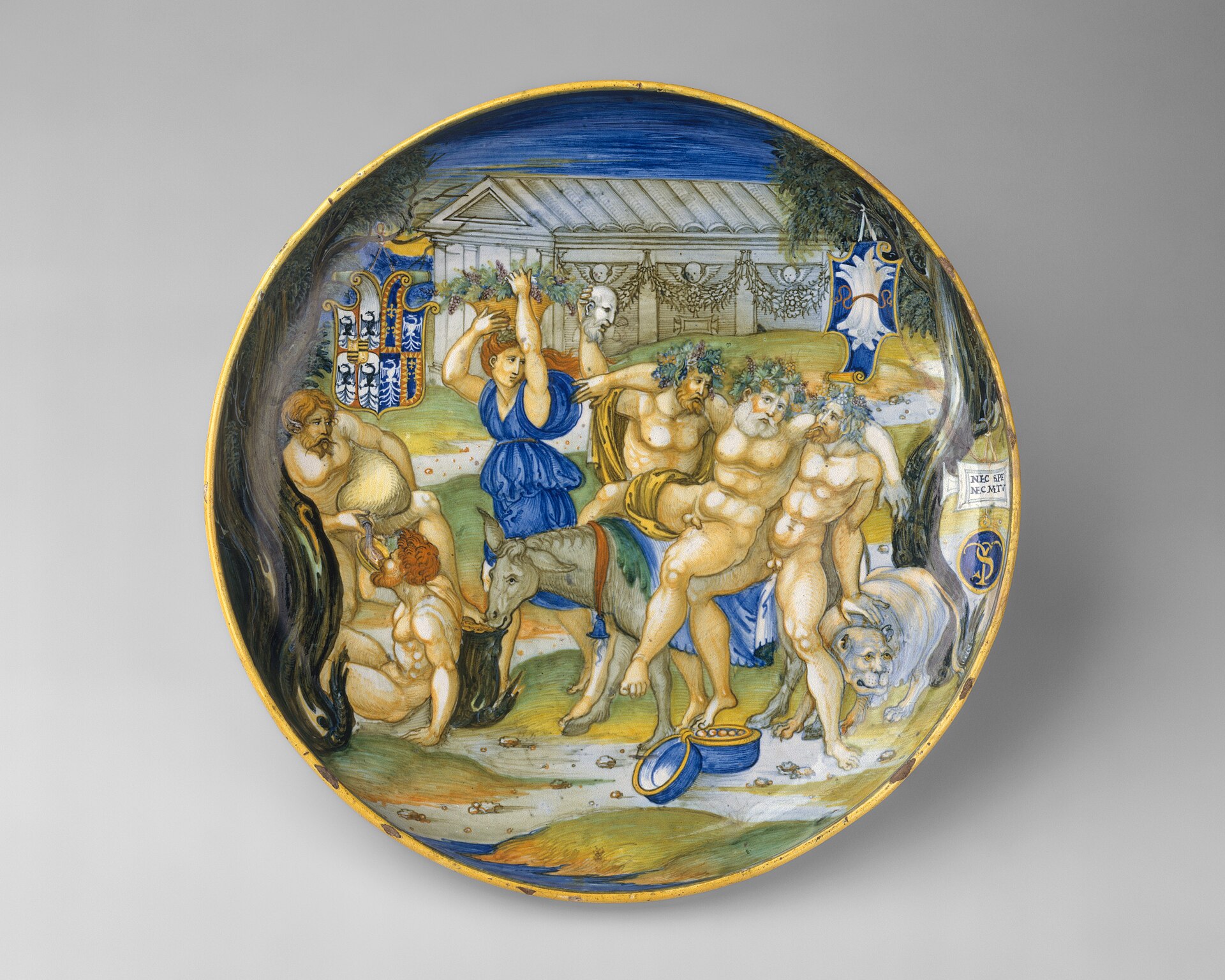 Armorial Plate: Silenus on an ass, supported by Bacchic revelers