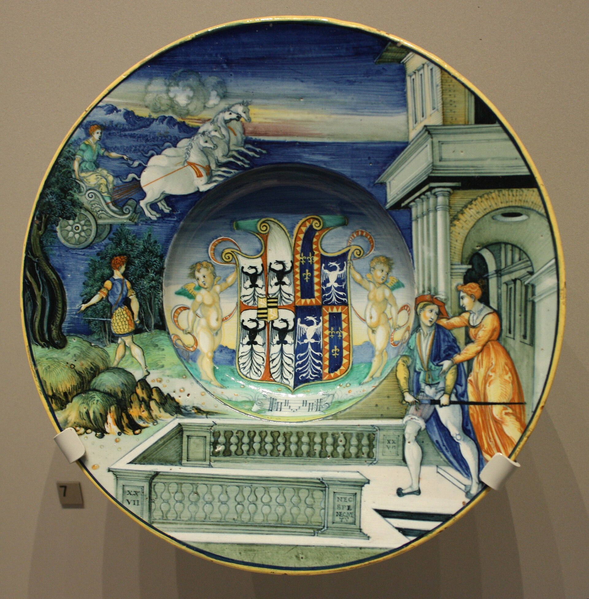 Plate with Hippolytus and Phaedra, arms of Gonzaga impaling Este