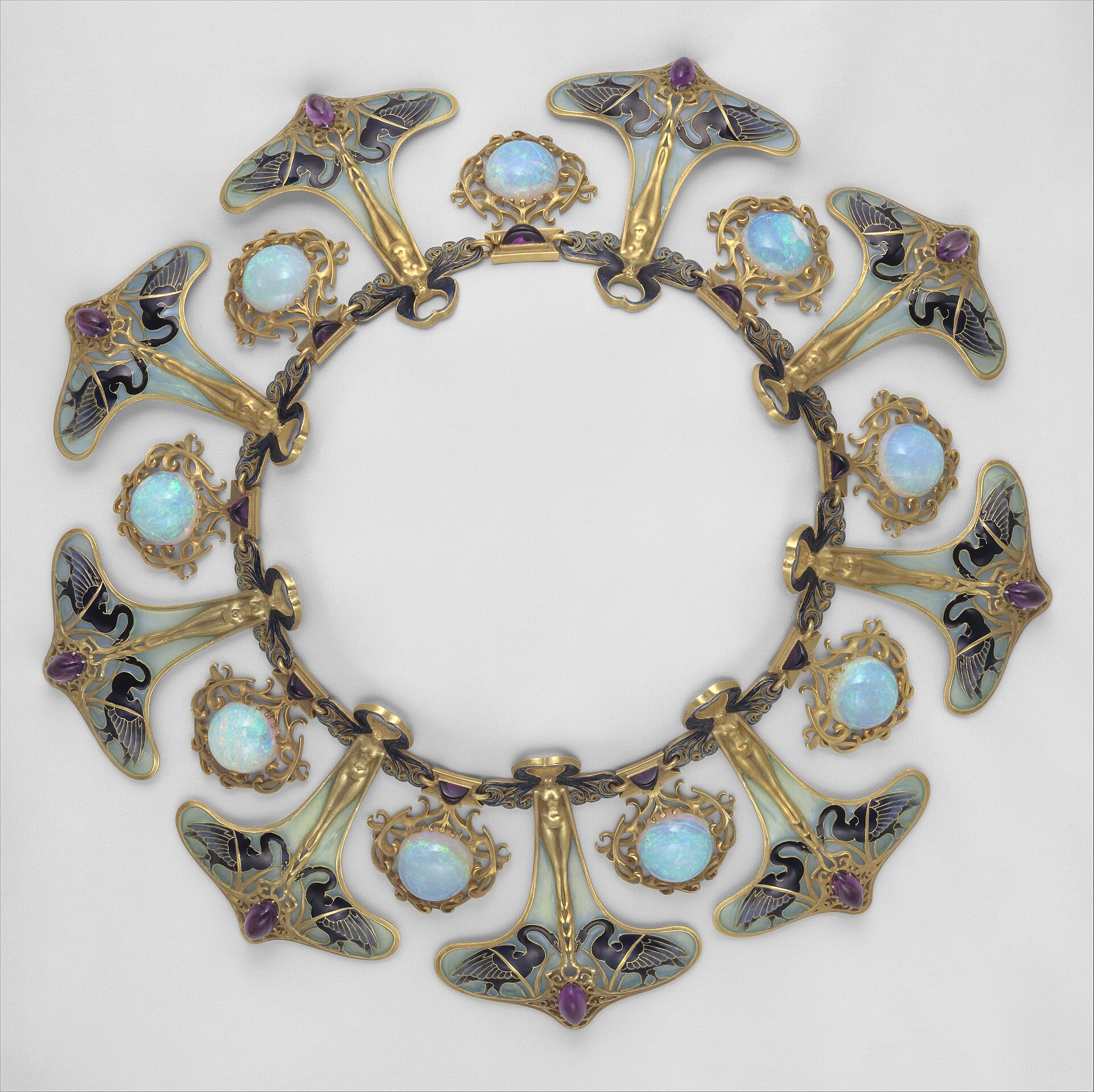 Necklace, gold, enamel, opals and amethysts
