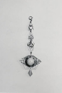 Pendant, gold, enamel, diamonds, pearl and rhodochrosite