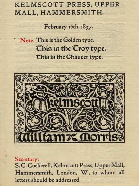 Specimen page showing the Golden, Troy and Chaucer types, 1897