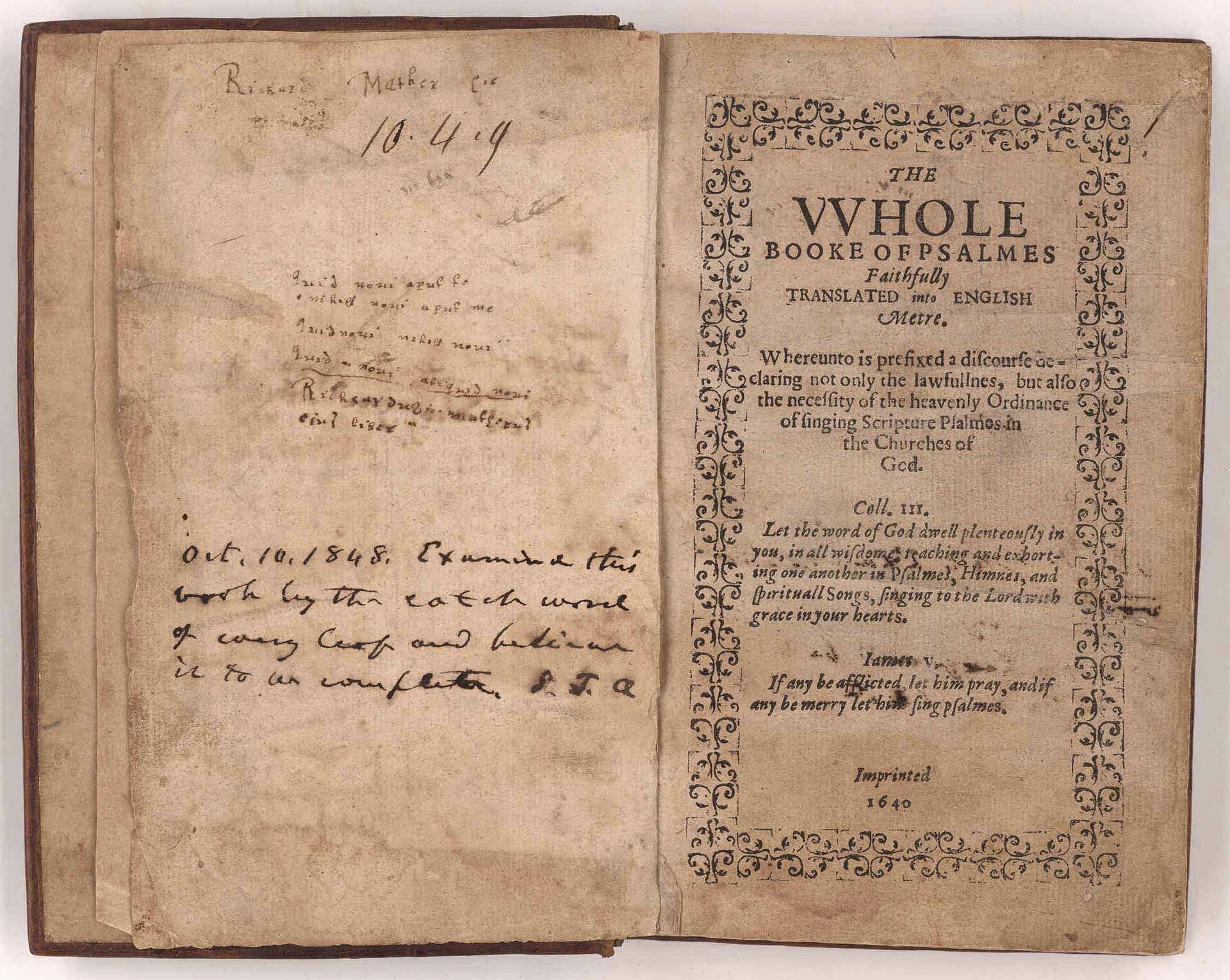 This is not the copy this archive researched. It is the John Carter Brown Library copy of the Bay Psalm Book, open at the title page. An edition estimated at 1,700 copies was printed at Cambridge in Massachusetts in 1640; eleven copies survive and five of those are complete. With eleven copies extant, the identity of the individual copy is the entire provenance question, and almost every photograph of a Bay Psalm Book in circulation shows a different one.