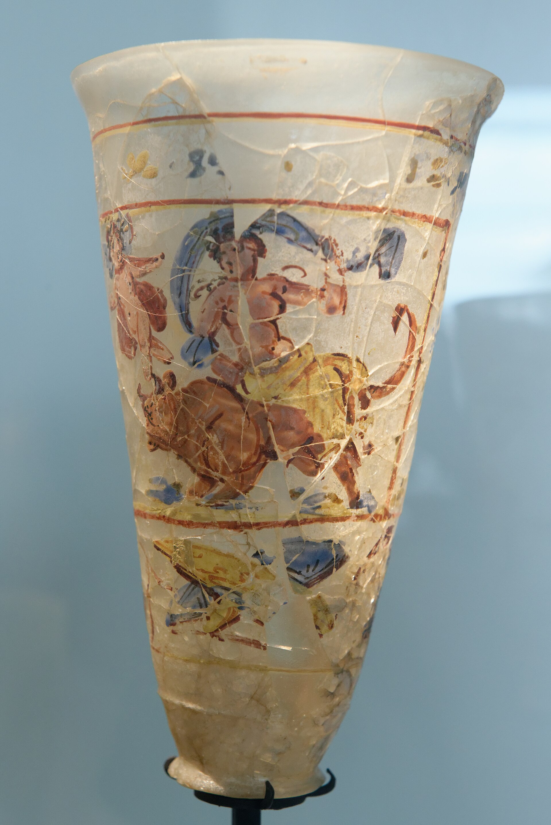 A painted goblet from the same Begram excavation that went to Paris under the French share, showing the abduction of Europa. Musee Guimet, MG 21228. Its twin class of object stayed in Kabul; the difference between them is a line in a 1922 agreement.
