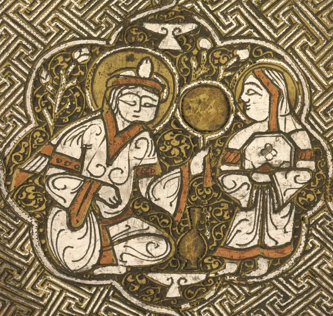 A silver-inlaid medallion on the Blacas Ewer: a woman looking into a mirror held up for her by an attendant, one of the courtly scenes worked across the body of the vessel. The ewer carries its own date in its inscription, April 1232, and was made in Mosul. The British Museum's registration number for it, 1866,1229.61, records the twenty-ninth of December 1866, the day the Museum registered the Blacas collection. Six hundred and thirty-four years separate the two figures, and only one of them is about the object.