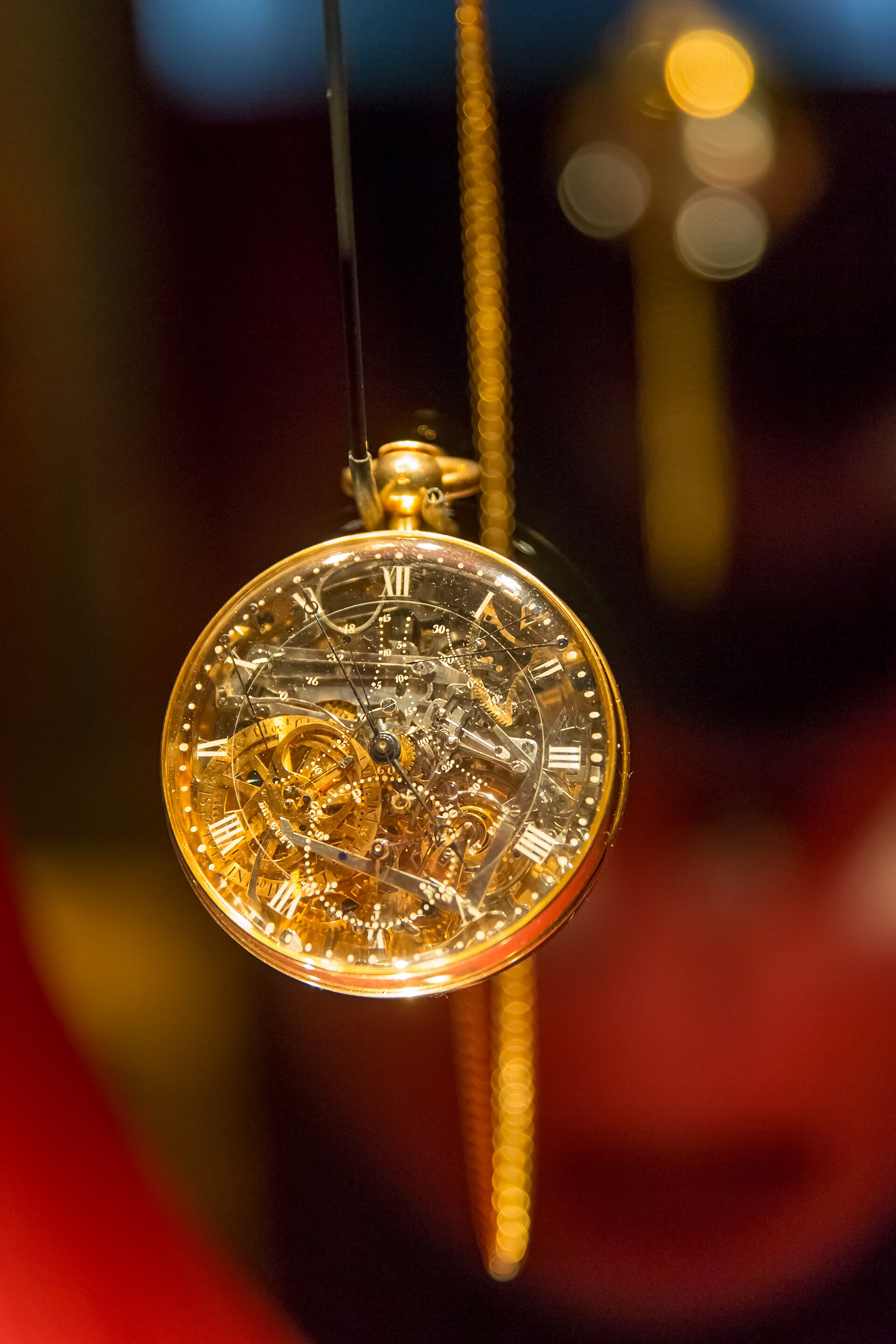 Breguet No. 160, the Marie-Antoinette, hanging on its chain at the L. A. Mayer Museum for Islamic Art, Jerusalem, in September 2018. The rock crystal dial shows the whole movement through it. The watch was stolen in April 1983 and returned to the museum more than two decades later.