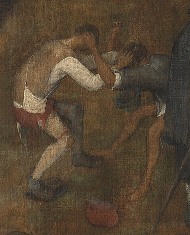Men fighting over wine, detail
