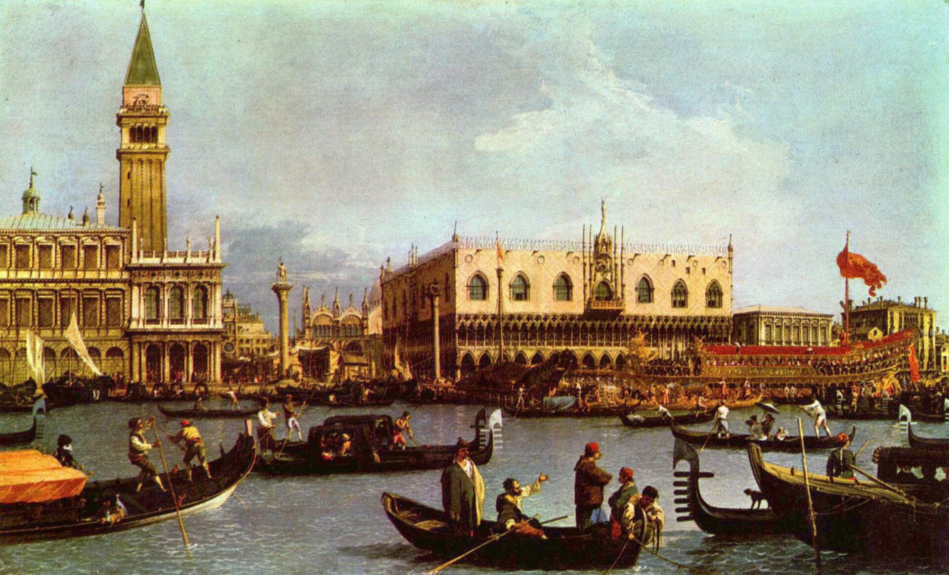 This is not the picture this archive researched. It is Venice: The Bacino di S. Marco on Ascension Day, about 1733-34, painted for Consul Joseph Smith. Canaletto painted the return of the Bucintoro repeatedly, and the record here catalogues twelve related works without being able to prove which of them its documents describe. The painting is flat, long out of copyright and freely reproducible. The record is held anyway, because publishing one of these plates as the object would assert an identification the evidence does not support.