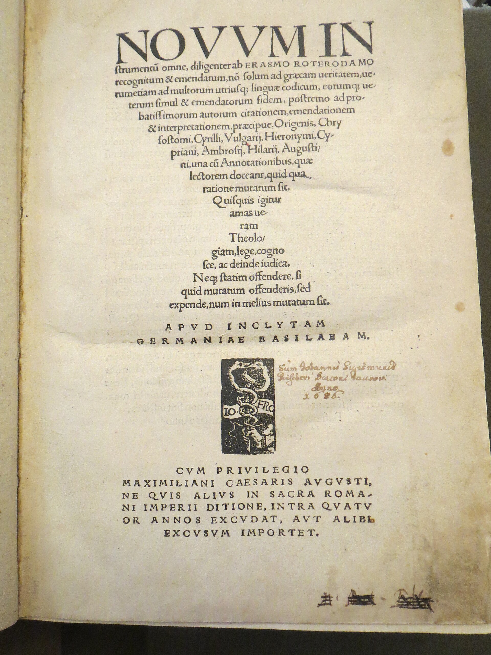 Title page, Novum Instrumentum omne (Erasmus, Basel, 1516)
