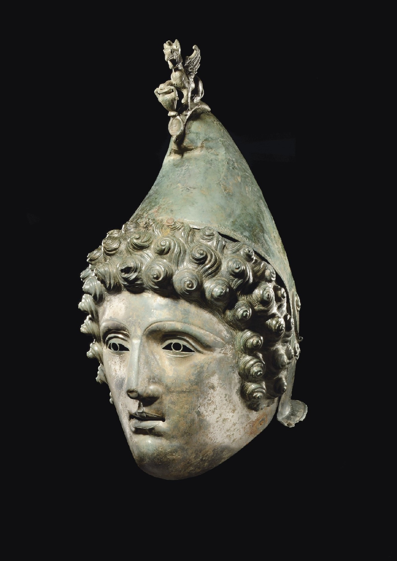 The Crosby Garrett helmet, later second or earlier third century AD, after restoration. Because the helmet contained no gold or silver it fell outside the Treasure Act, went to open auction, and left the public collections that had campaigned for it.