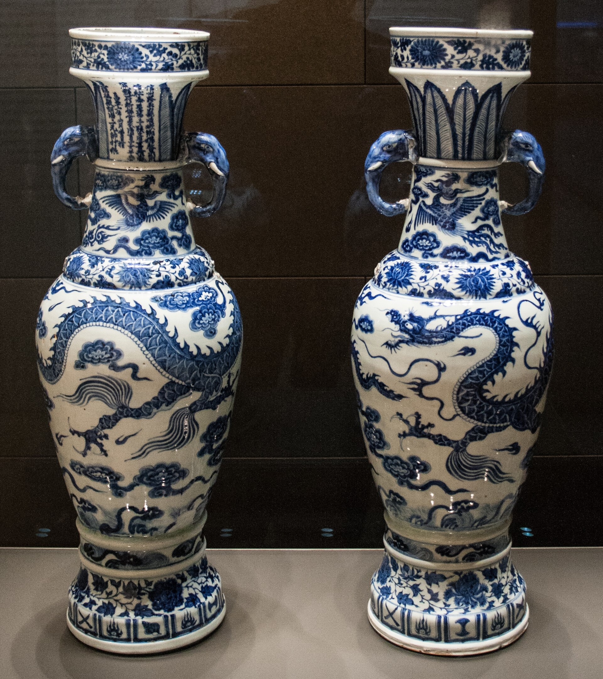 The David Vases, Jingdezhen, dated by inscription to 1351, porcelain with underglaze blue, 63.6 cm high, on display in Room 95 of the British Museum. The dedicatory inscription on the neck is the earliest dated one known on blue-and-white ware. They still carry the Percival David Foundation's numbers, PDF,B.613 and PDF,B.614, sixteen years after they arrived at the Museum and a year after the Museum was given them.