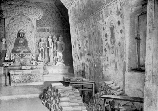 Cave 16 with manuscripts stacked for Stein