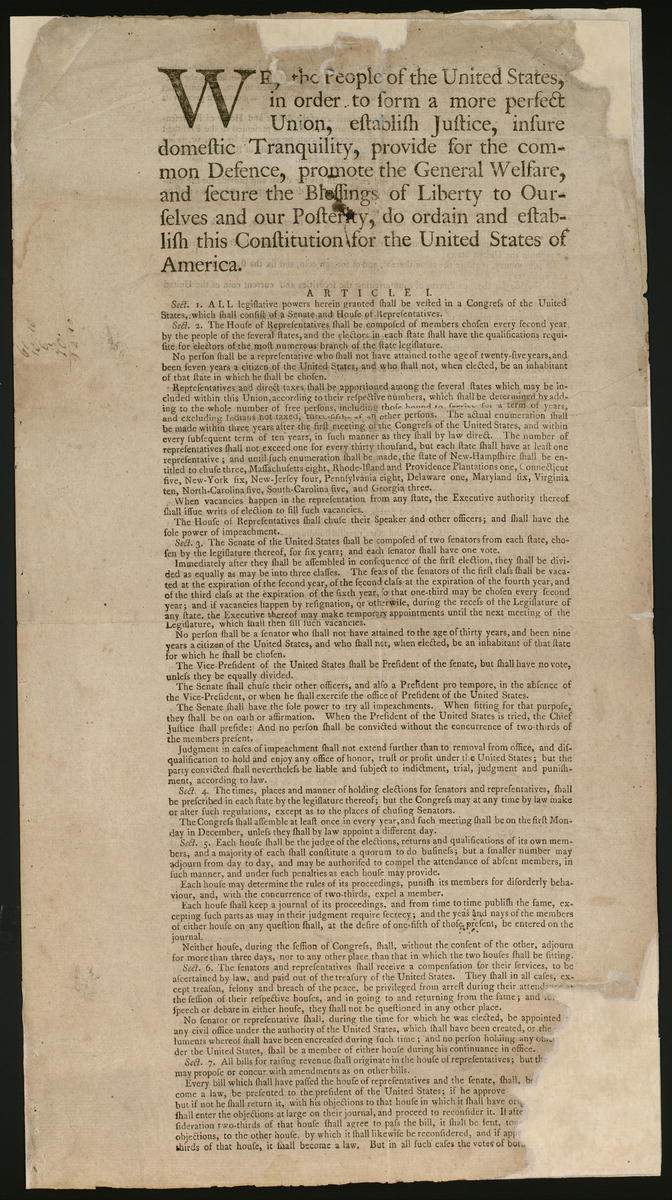 The United States Constitution, printed by Dunlap and Claypoole, 1787
