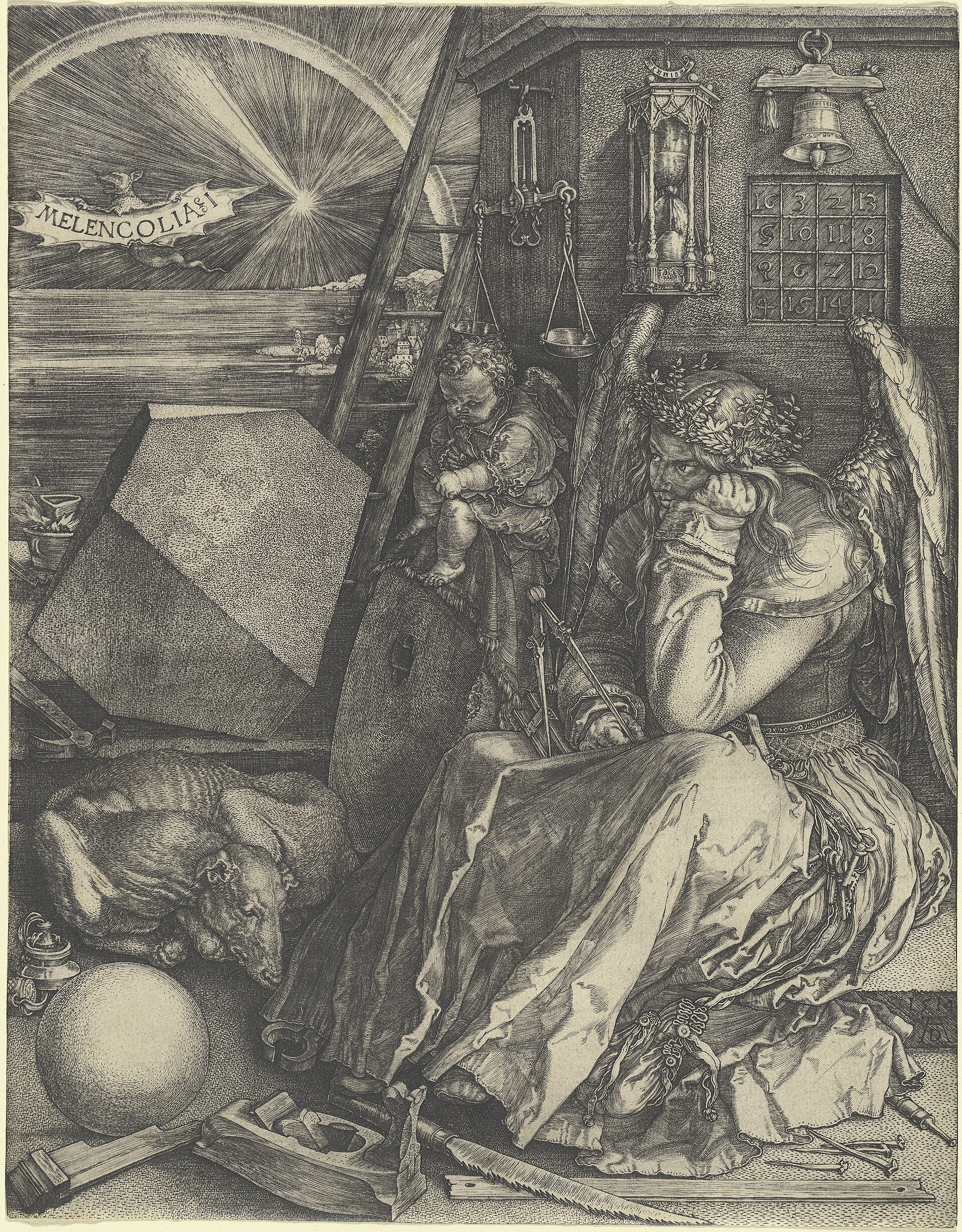 Durer's Melencolia I, the impression in the National Gallery of Art, Washington, inventory 1943.3.3523, from the Rosenwald Collection. The engraving is dated 1514 in the magic square on the wall. The record for this impression carries no exhibition history, which is the normal condition for a print in this archive rather than an exception.