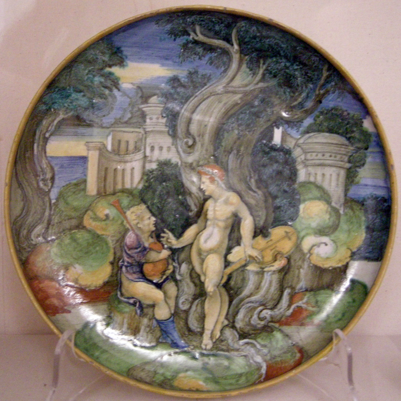 Armorial plate with Apollo and Marsyas