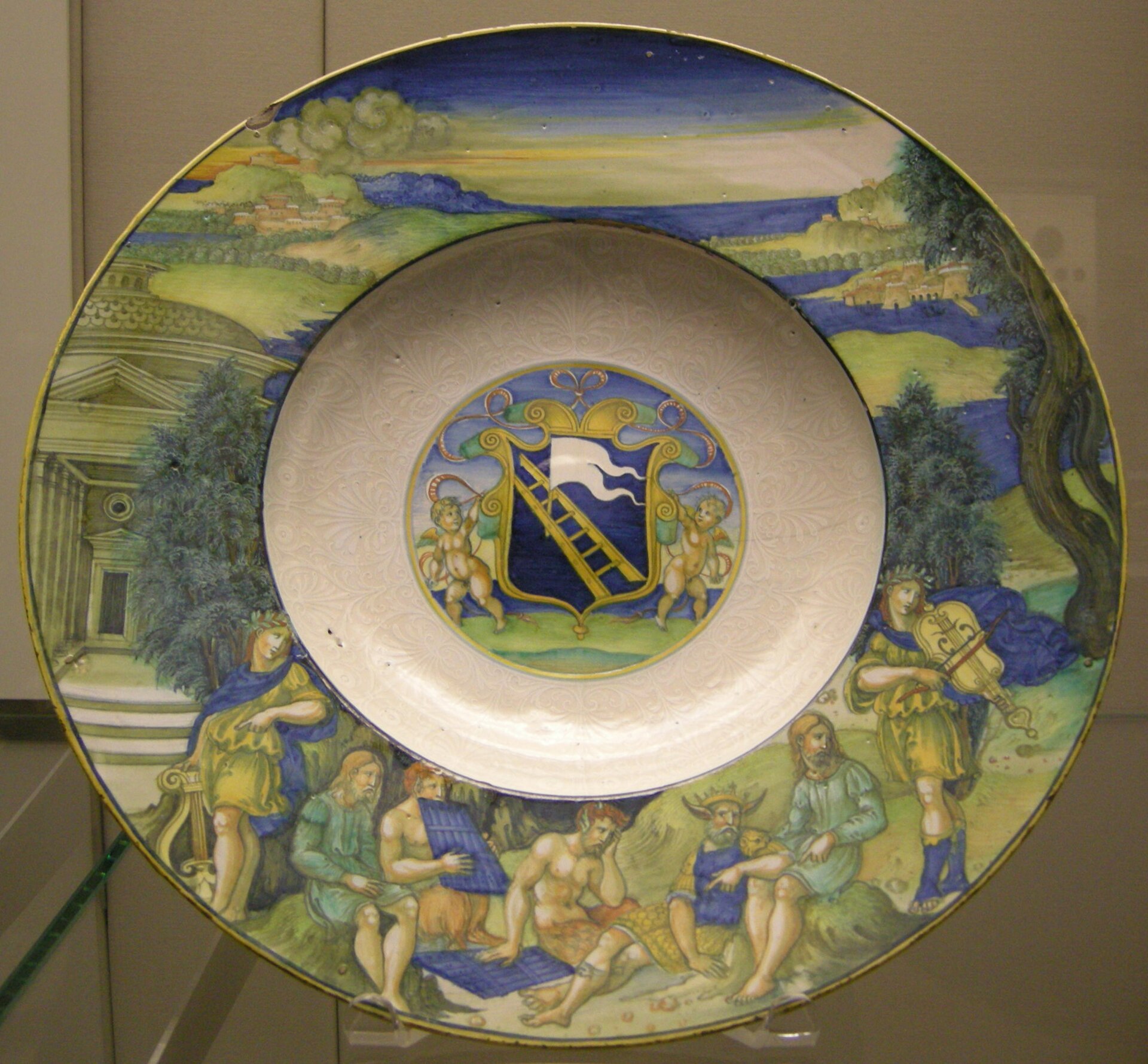 Dish with the Contest of Pan and Apollo, arms of the Calini family