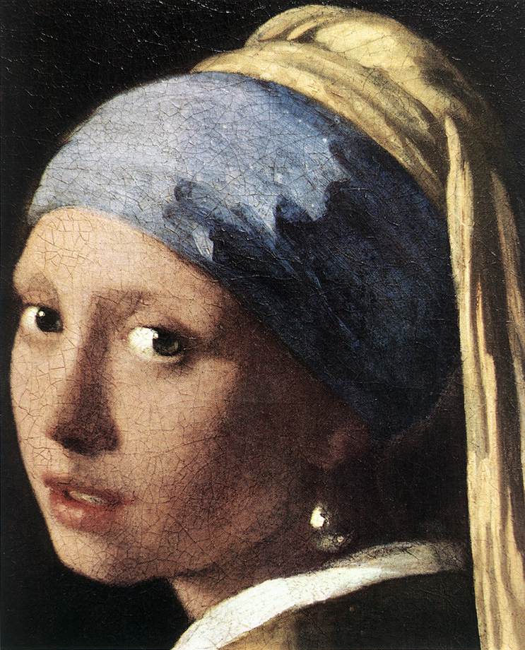 Detail of the pearl: two marks laid over an already finished neck, a scumble for the reflection and a heavier touch for the highlight. Technical work of this quality has been published on the painting repeatedly since 2018. None of it produces a price, and the last one on the record is from 1881.