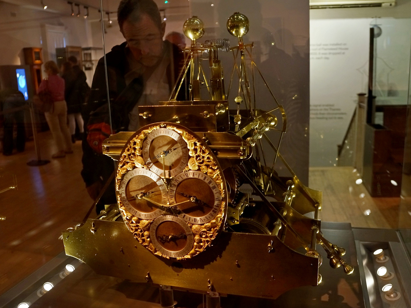 H1, John Harrison's first marine timekeeper, brass, with its paired balances and four dials, on display in the Time galleries at the Royal Observatory, Greenwich. It has never been bought or sold: the four Harrison timekeepers passed into state ownership by statute in 1765 and 1766.