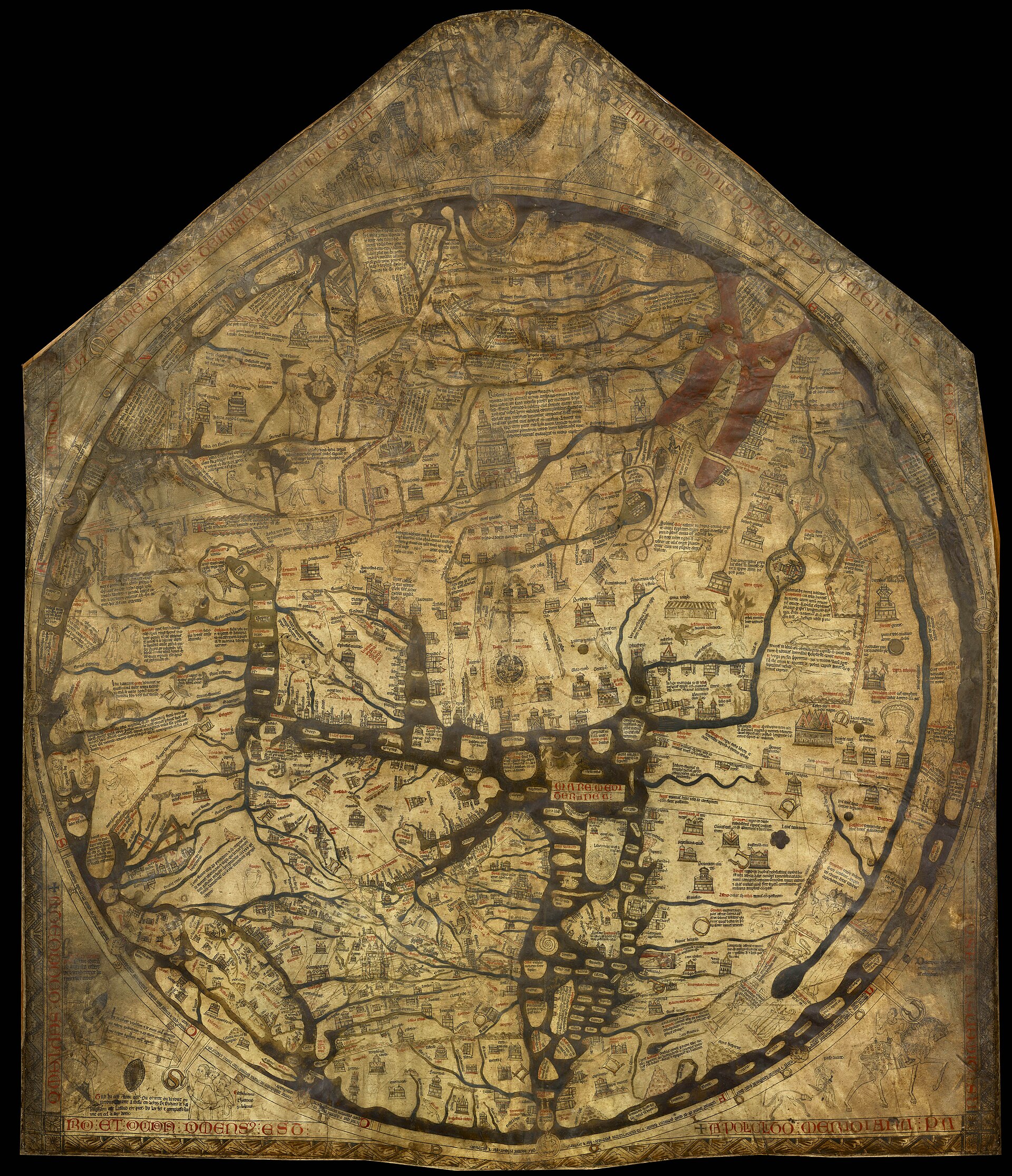The Hereford Mappa Mundi, drawn around 1300 and the largest medieval world map to survive complete. In November 1988 the Dean and Chapter announced their intention to sell it at Sotheby's; the sale was abandoned, and no valuation from it was ever published.