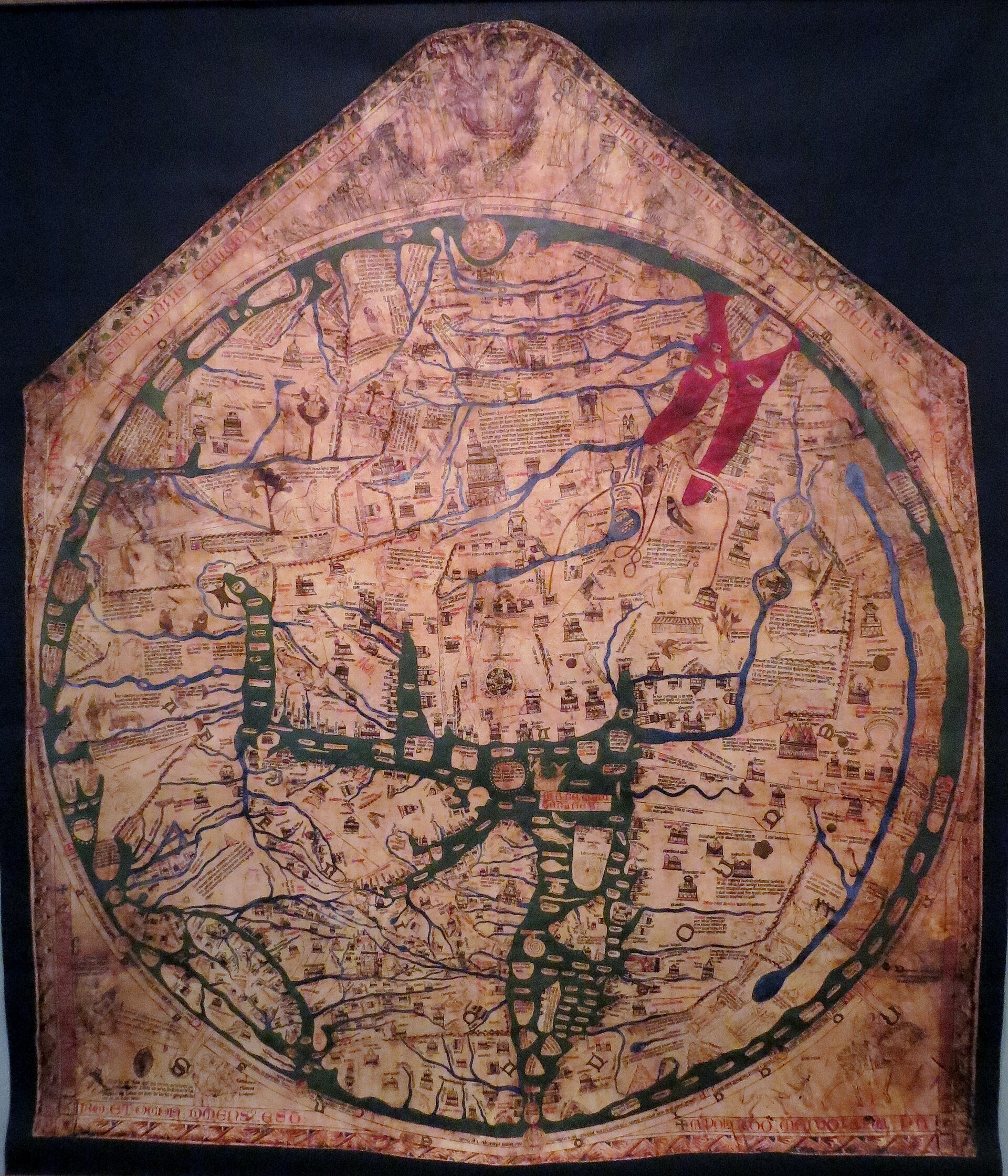 A reproduction of the Mappa Mundi. Before the proposed sale the original was displayed, in the Trust's own words, as a rare curiosity of local interest in a glazed case in the north choir aisle of the cathedral.